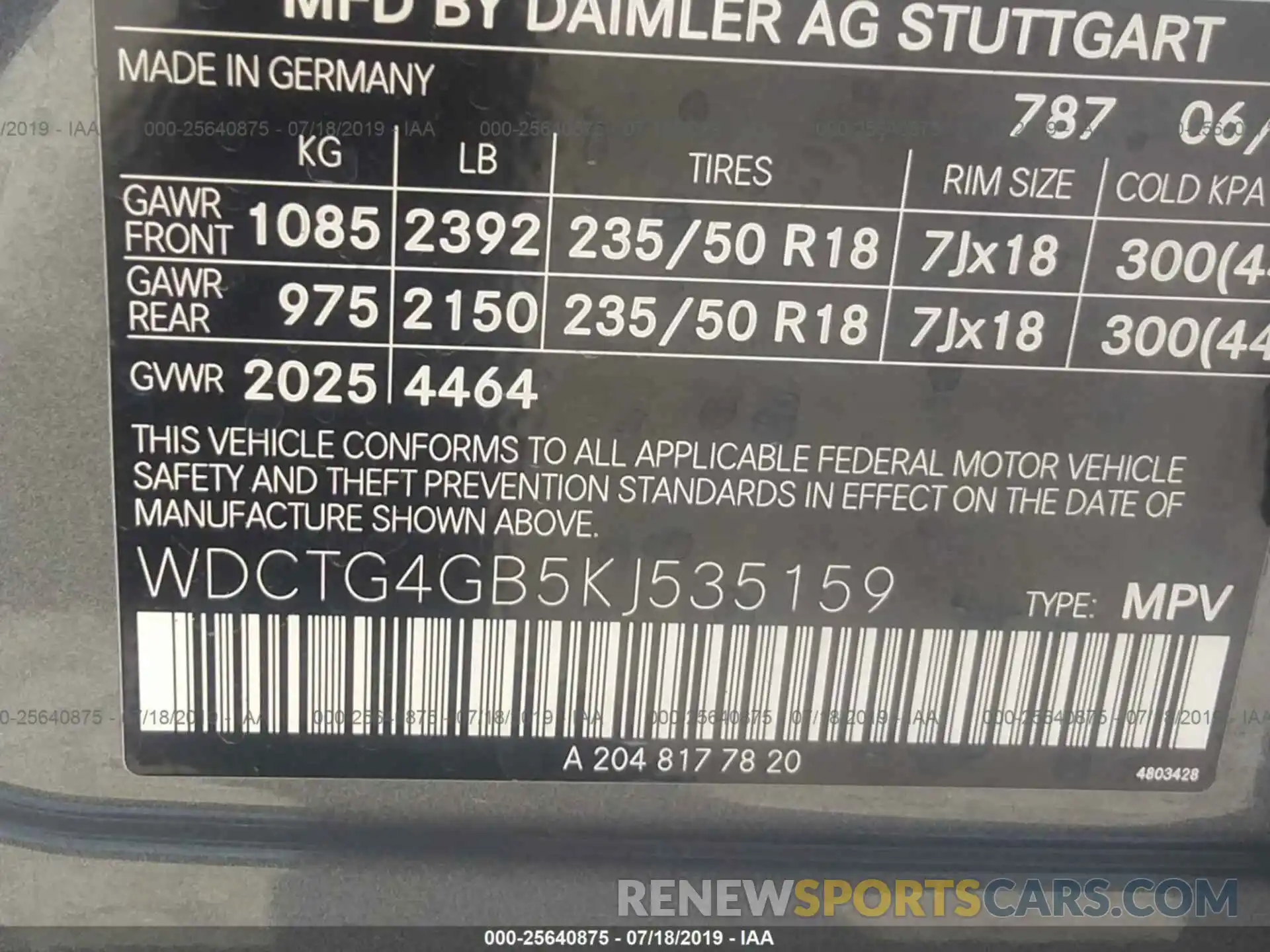 9 Фотография поврежденного автомобиля WDCTG4GB5KJ535159 MERCEDES-BENZ GLA 2019