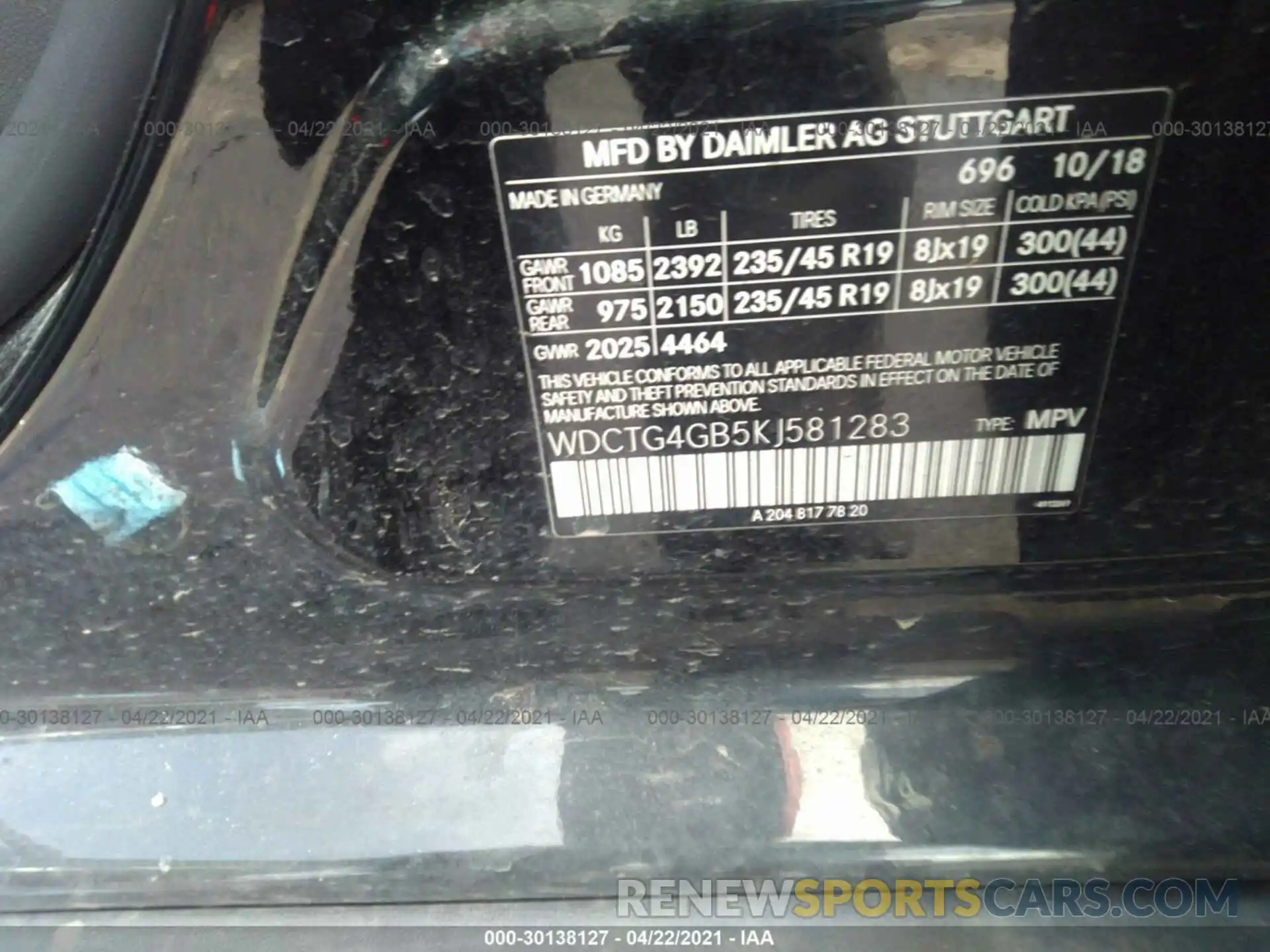 9 Photograph of a damaged car WDCTG4GB5KJ581283 MERCEDES-BENZ GLA 2019