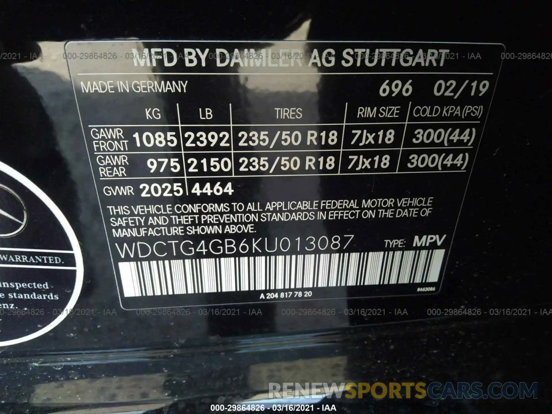 9 Фотография поврежденного автомобиля WDCTG4GB6KU013087 MERCEDES-BENZ GLA 2019