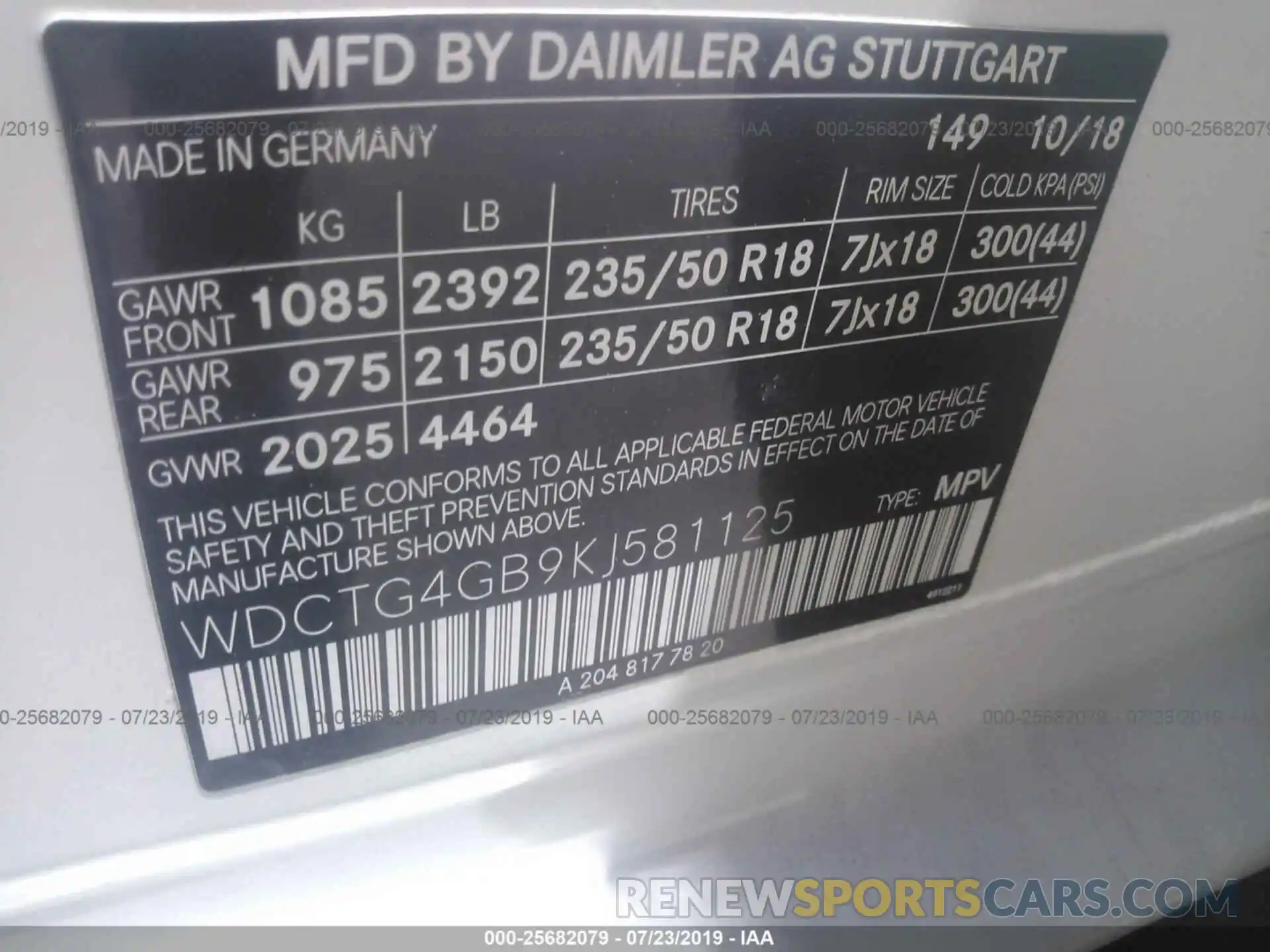 9 Фотография поврежденного автомобиля WDCTG4GB9KJ581125 MERCEDES-BENZ GLA 2019