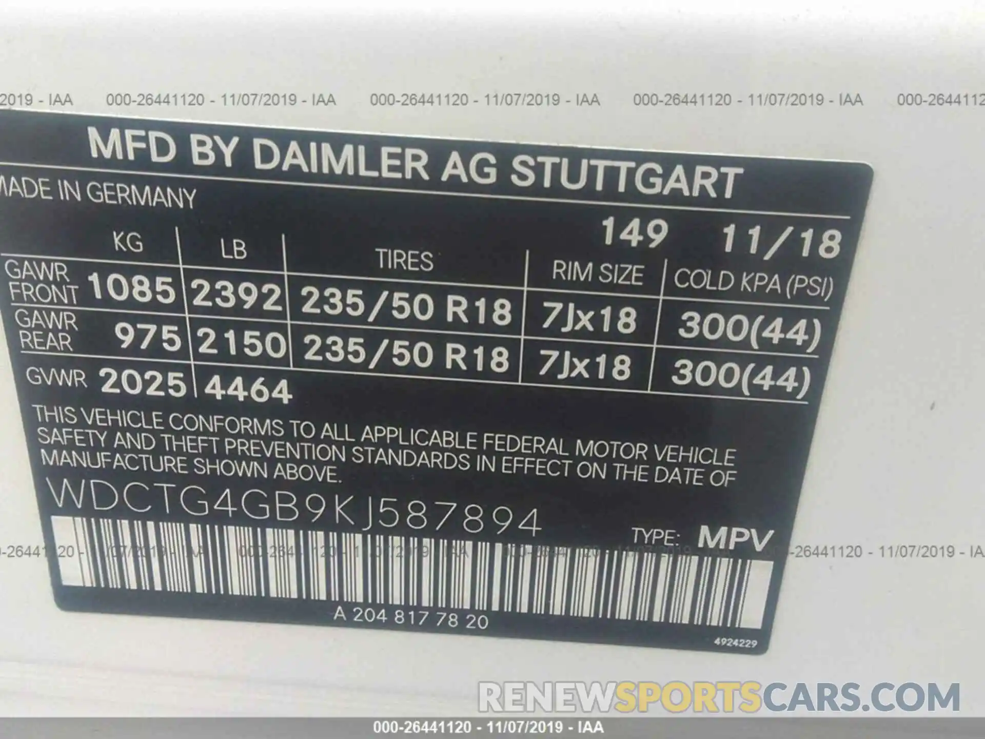 9 Фотография поврежденного автомобиля WDCTG4GB9KJ587894 MERCEDES-BENZ GLA 2019