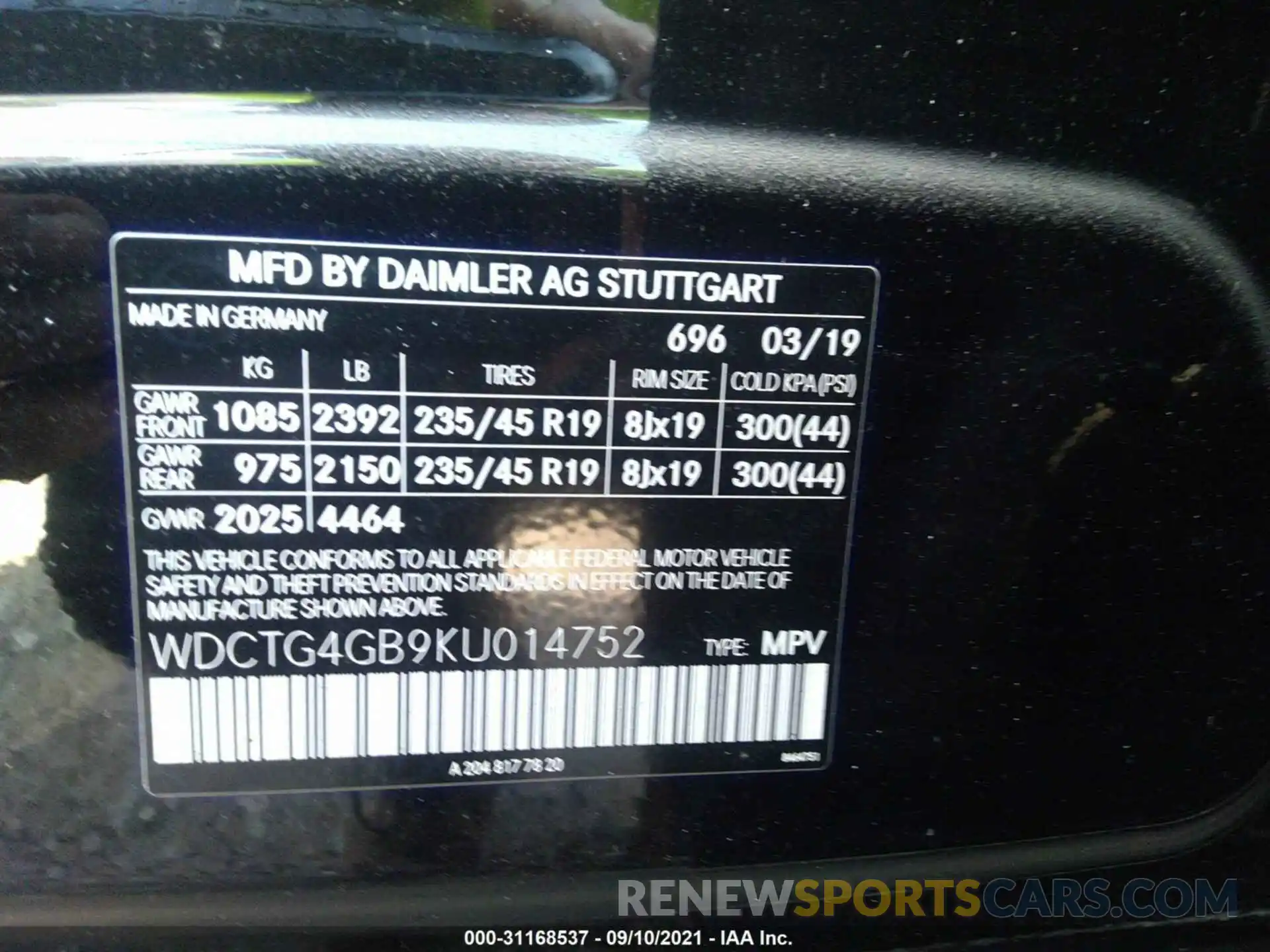 9 Фотография поврежденного автомобиля WDCTG4GB9KU014752 MERCEDES-BENZ GLA 2019