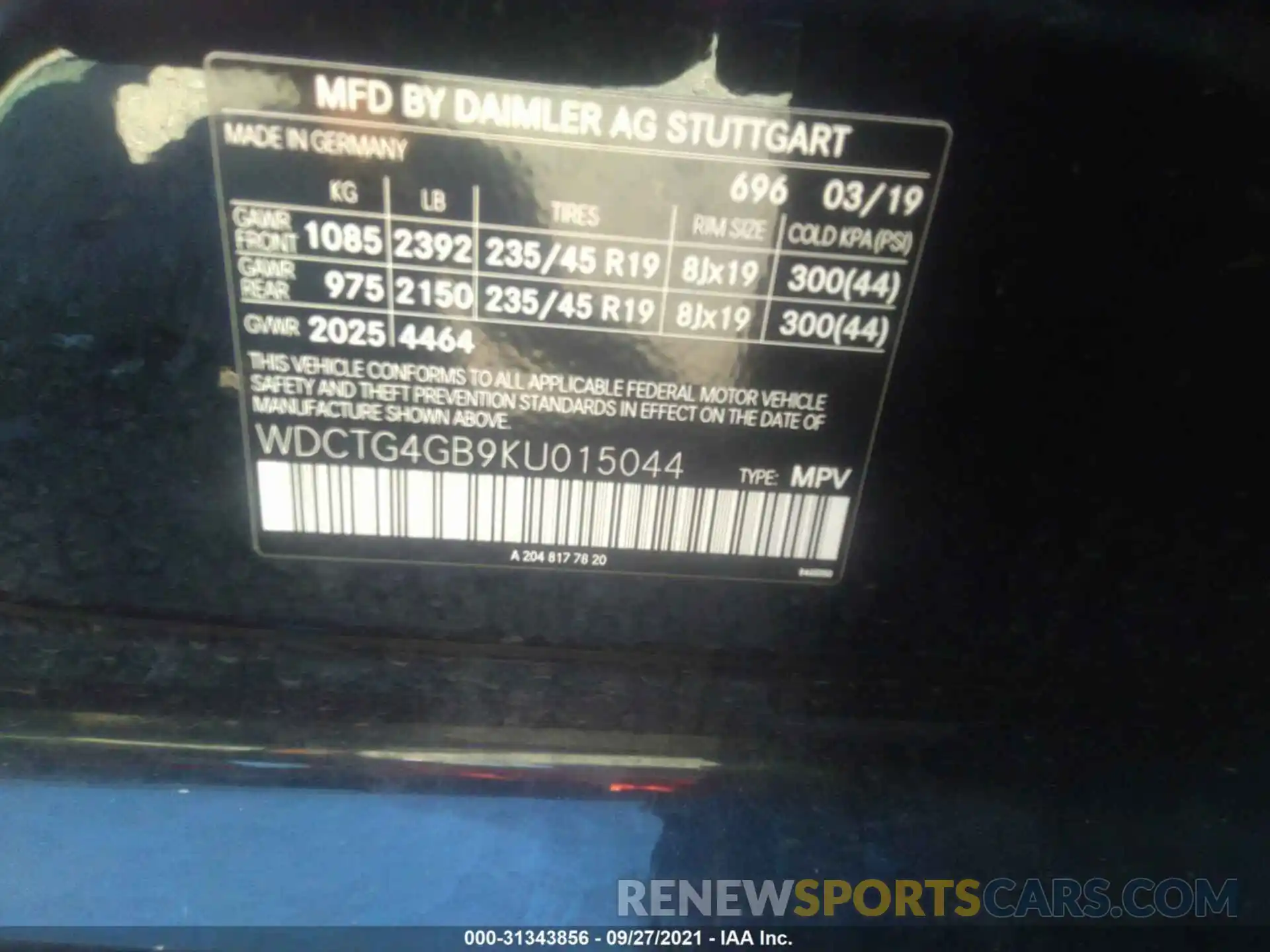 9 Фотография поврежденного автомобиля WDCTG4GB9KU015044 MERCEDES-BENZ GLA 2019