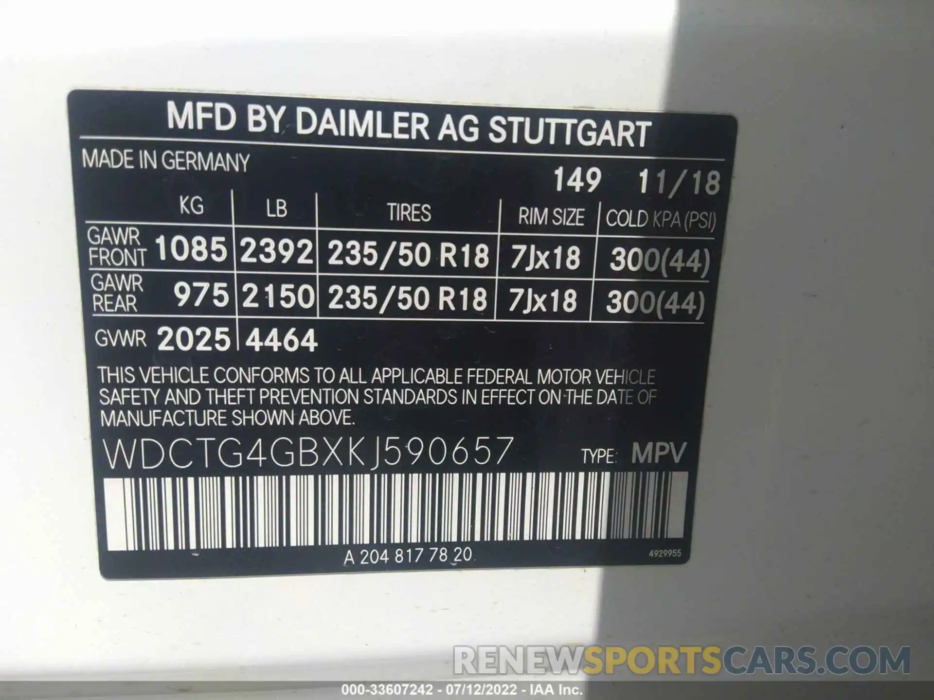 9 Photograph of a damaged car WDCTG4GBXKJ590657 MERCEDES-BENZ GLA 2019