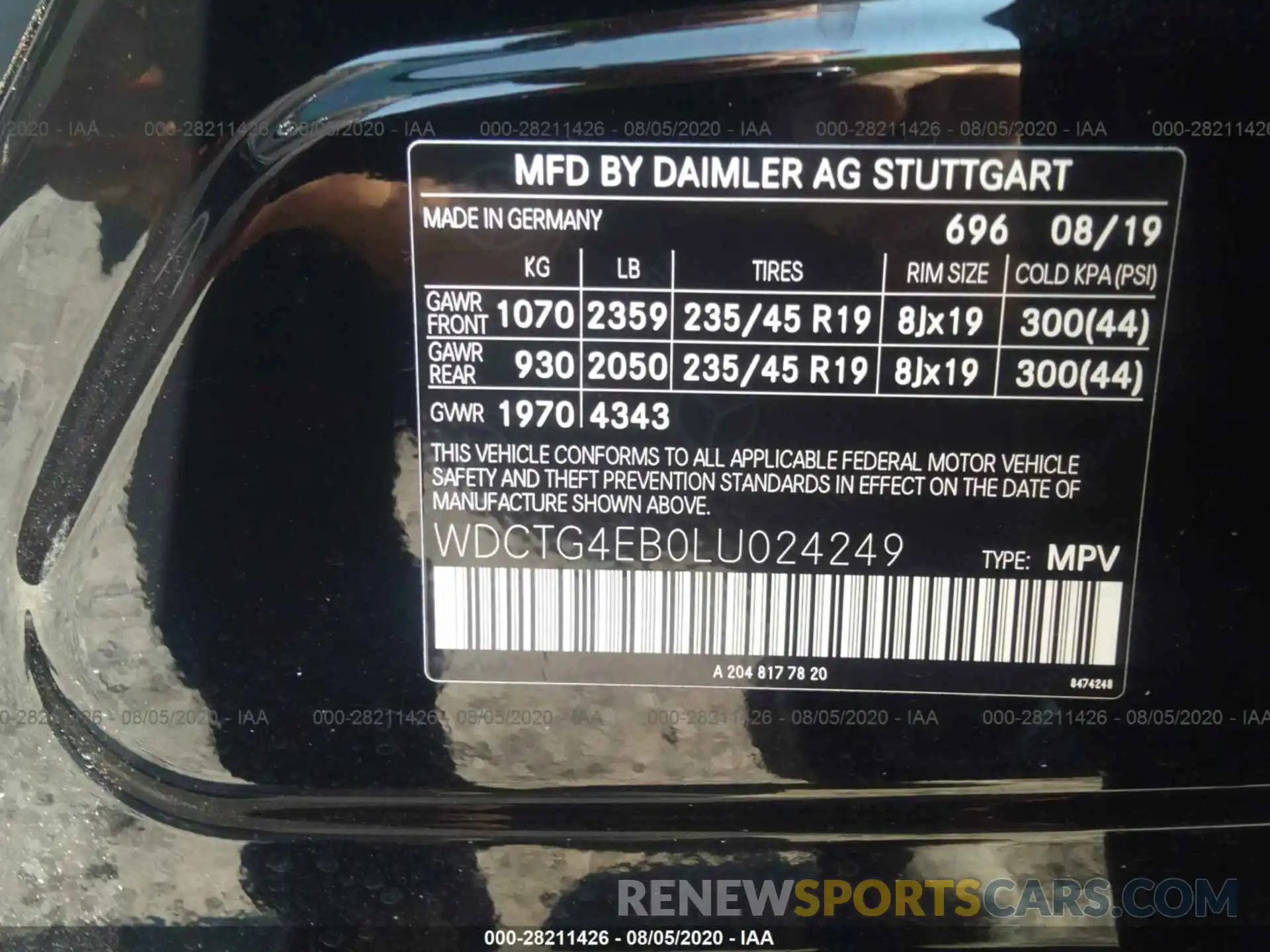 9 Фотография поврежденного автомобиля WDCTG4EB0LU024249 MERCEDES-BENZ GLA 2020