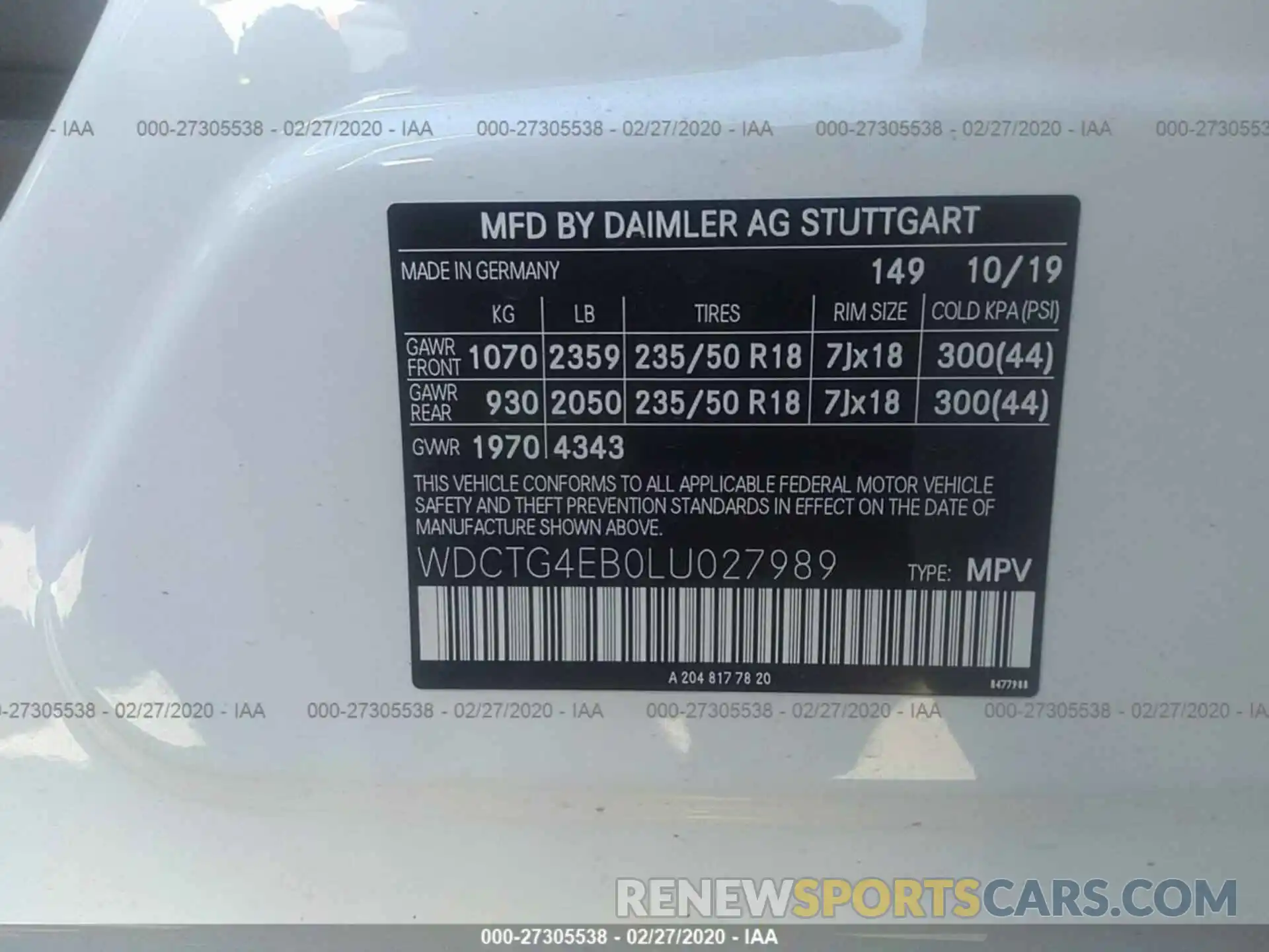 9 Фотография поврежденного автомобиля WDCTG4EB0LU027989 MERCEDES-BENZ GLA 2020