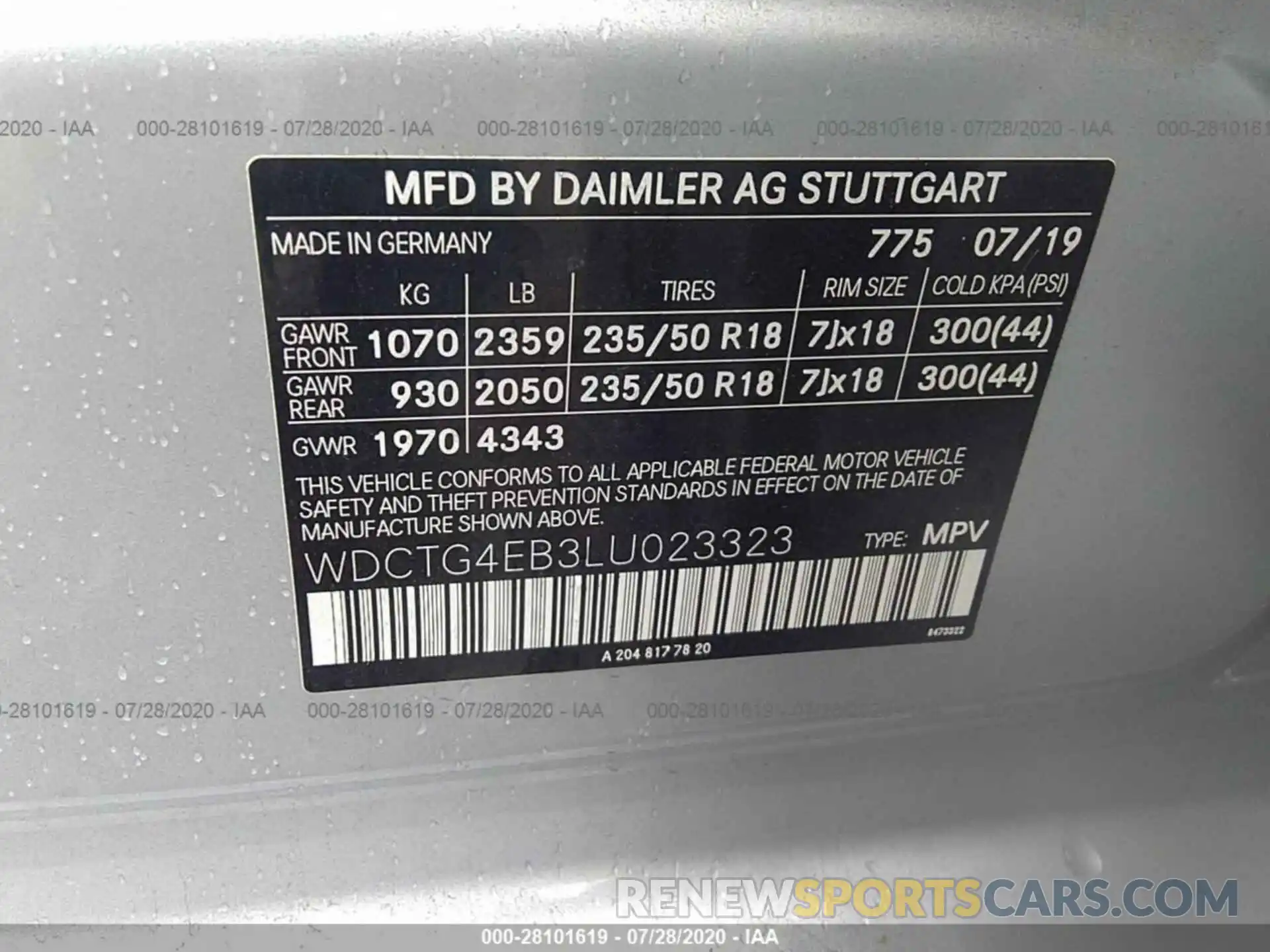 9 Фотография поврежденного автомобиля WDCTG4EB3LU023323 MERCEDES-BENZ GLA 2020