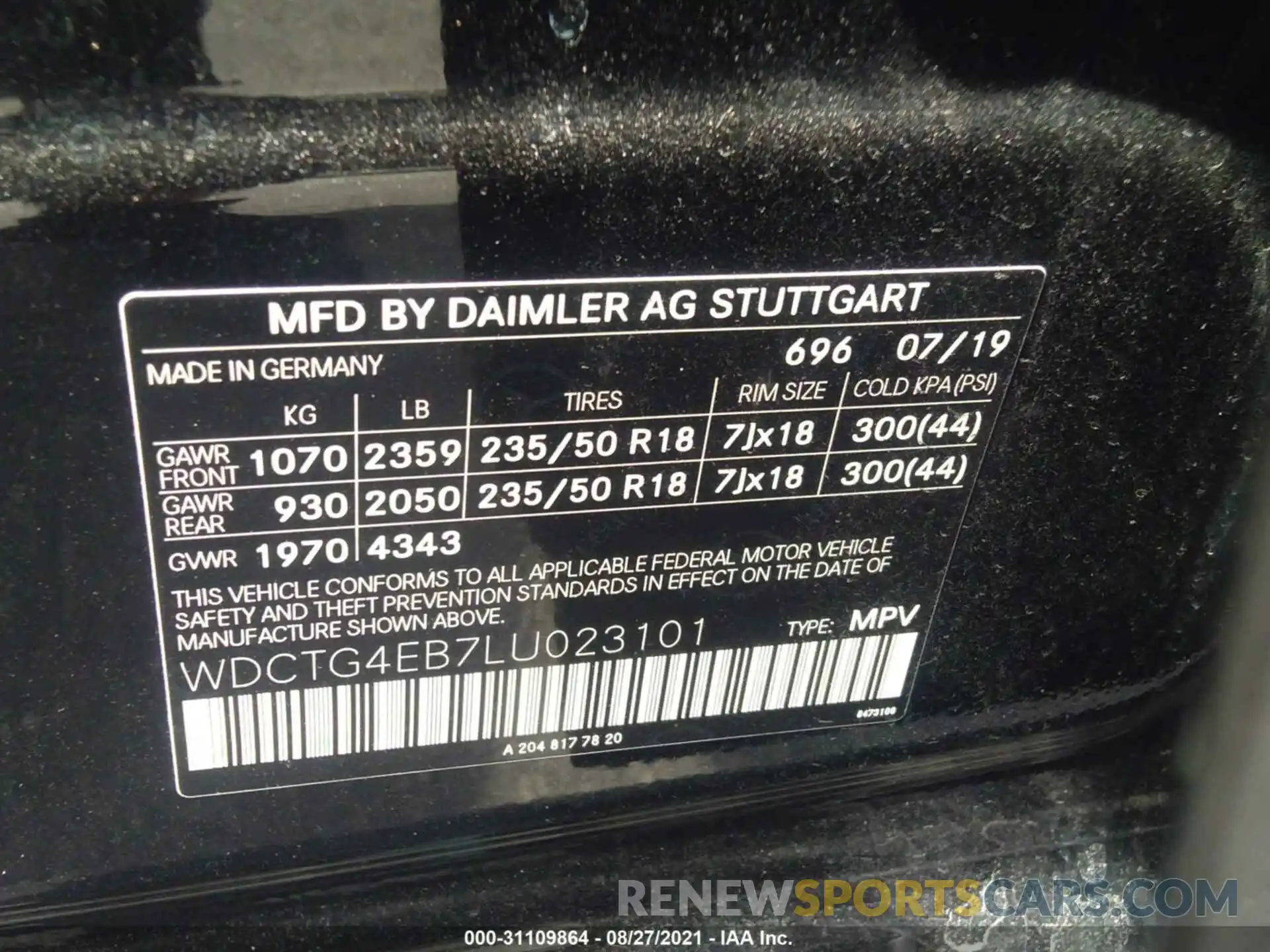 9 Фотография поврежденного автомобиля WDCTG4EB7LU023101 MERCEDES-BENZ GLA 2020