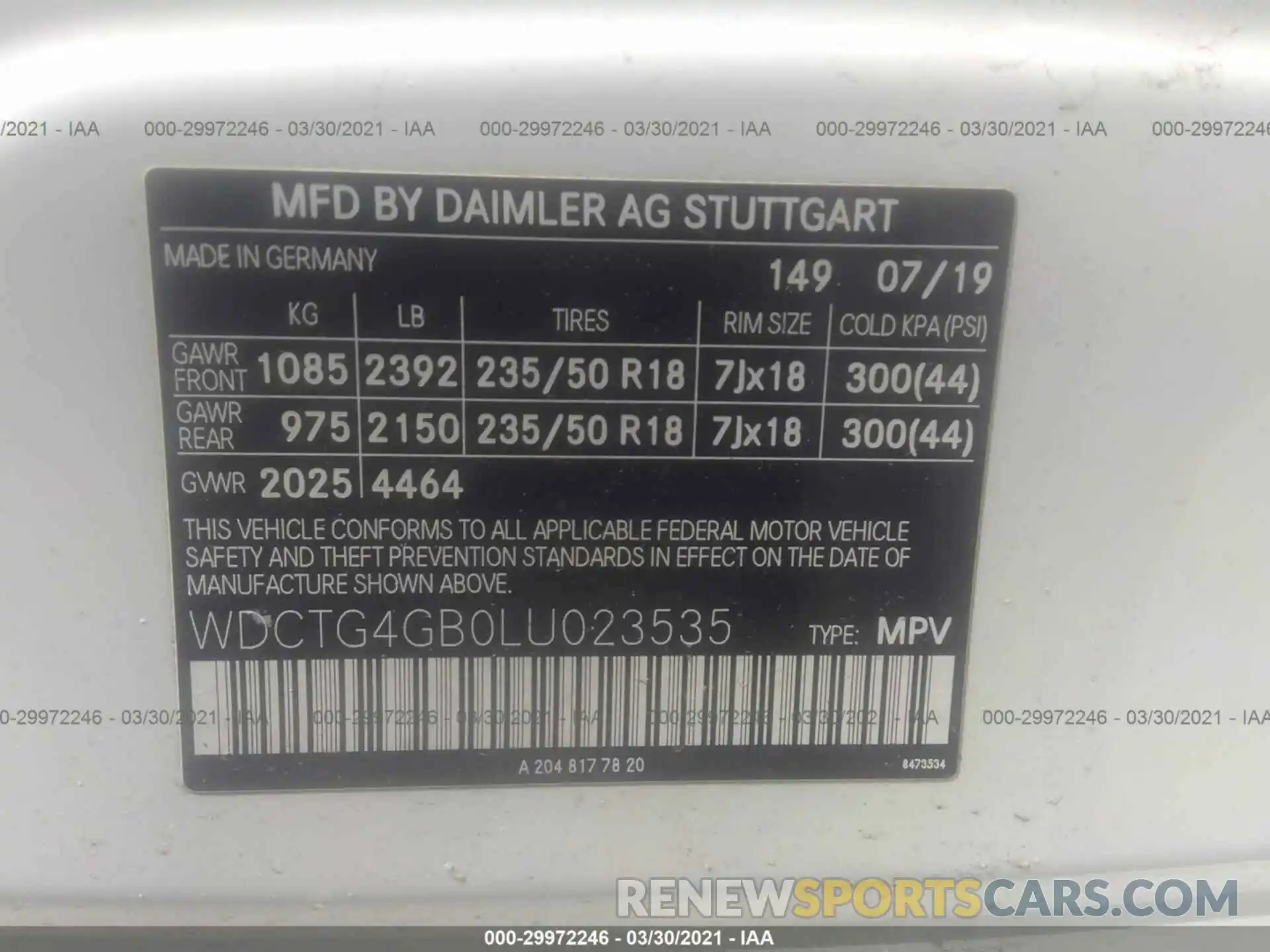 9 Photograph of a damaged car WDCTG4GB0LU023535 MERCEDES-BENZ GLA 2020