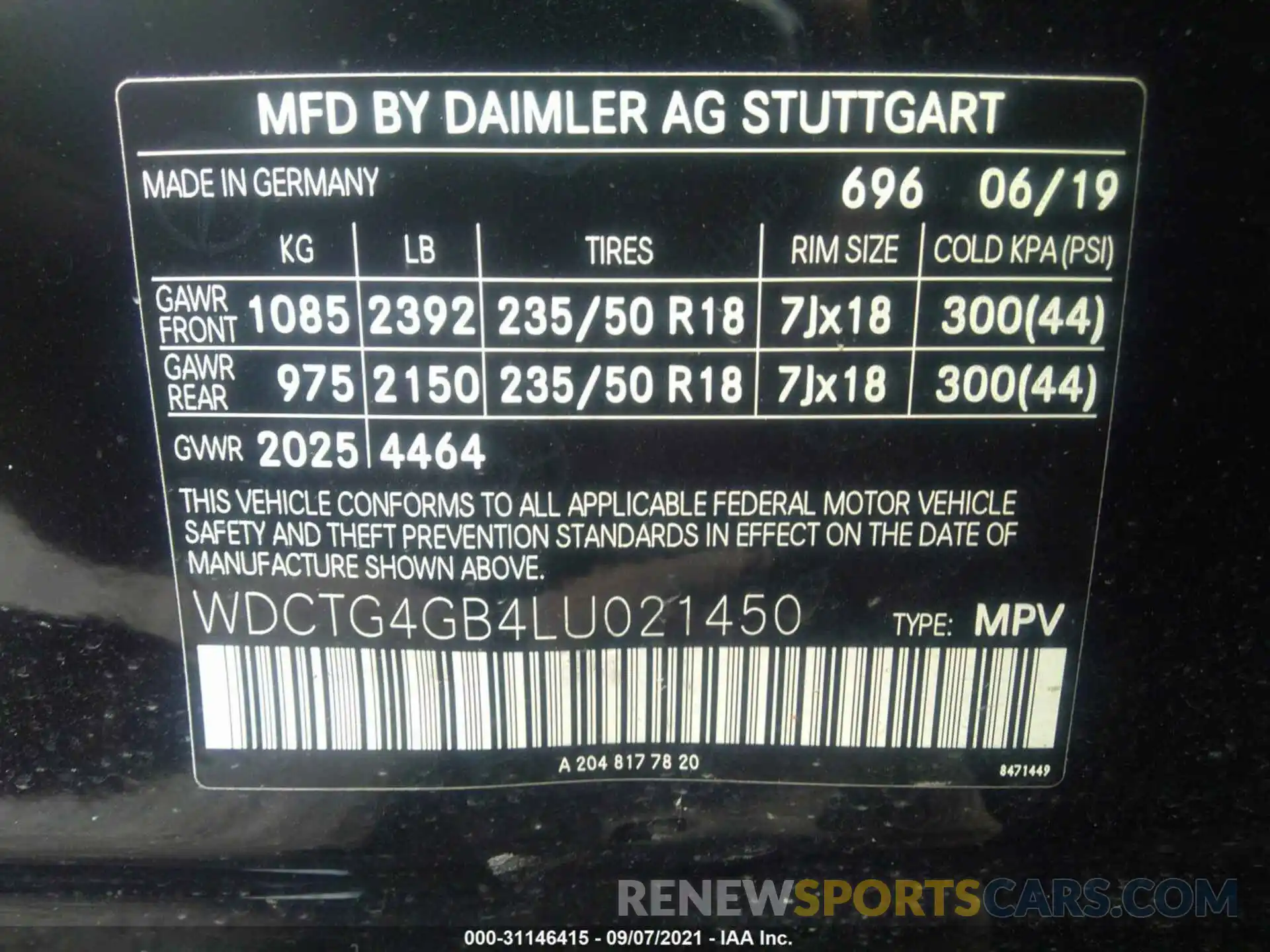 9 Фотография поврежденного автомобиля WDCTG4GB4LU021450 MERCEDES-BENZ GLA 2020