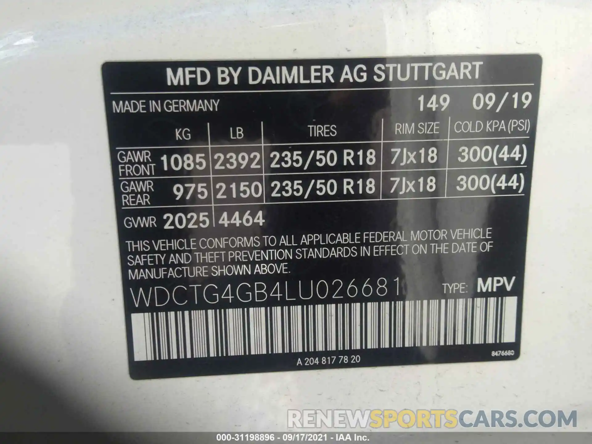 9 Фотография поврежденного автомобиля WDCTG4GB4LU026681 MERCEDES-BENZ GLA 2020