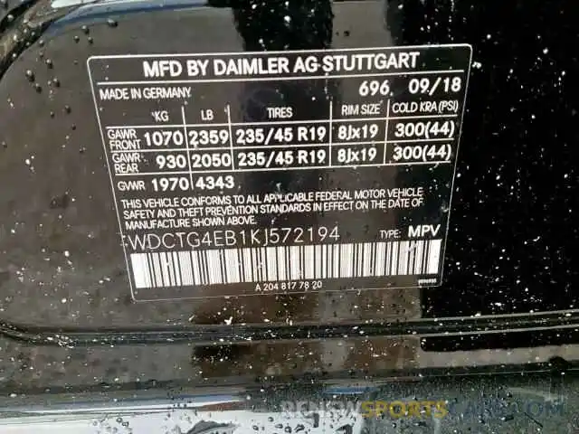 10 Фотография поврежденного автомобиля WDCTG4EB1KJ572194 MERCEDES-BENZ GLA 250 2019