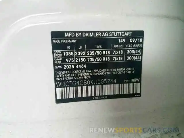 10 Photograph of a damaged car WDCTG4GB0KU005244 MERCEDES-BENZ GLA 250 4M 2019