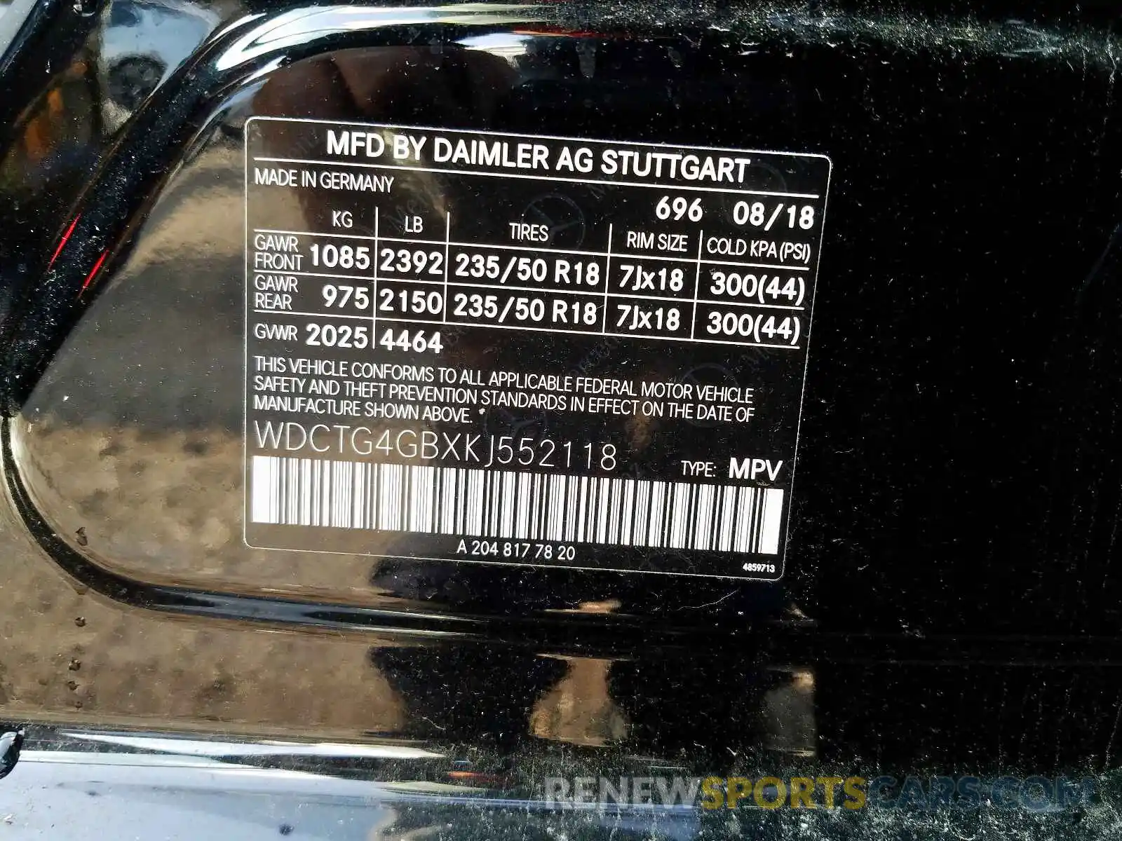 10 Photograph of a damaged car WDCTG4GBXKJ552118 MERCEDES-BENZ GLA 250 4M 2019