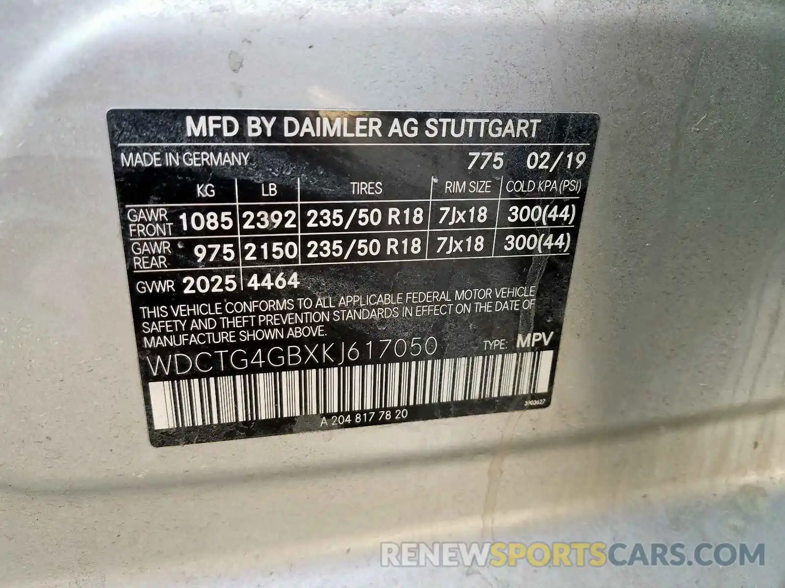 10 Photograph of a damaged car WDCTG4GBXKJ617050 MERCEDES-BENZ GLA 250 4M 2019