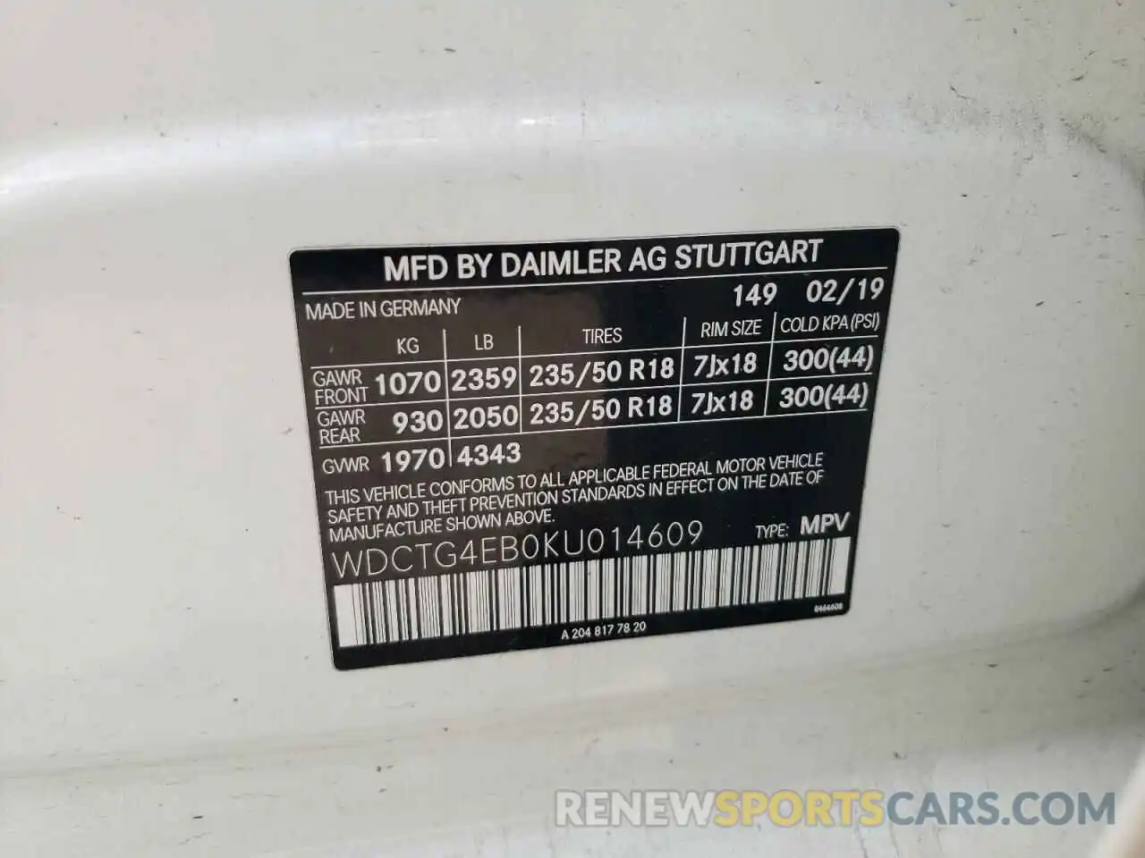 10 Photograph of a damaged car WDCTG4EB0KU014609 MERCEDES-BENZ GLA-CLASS 2019