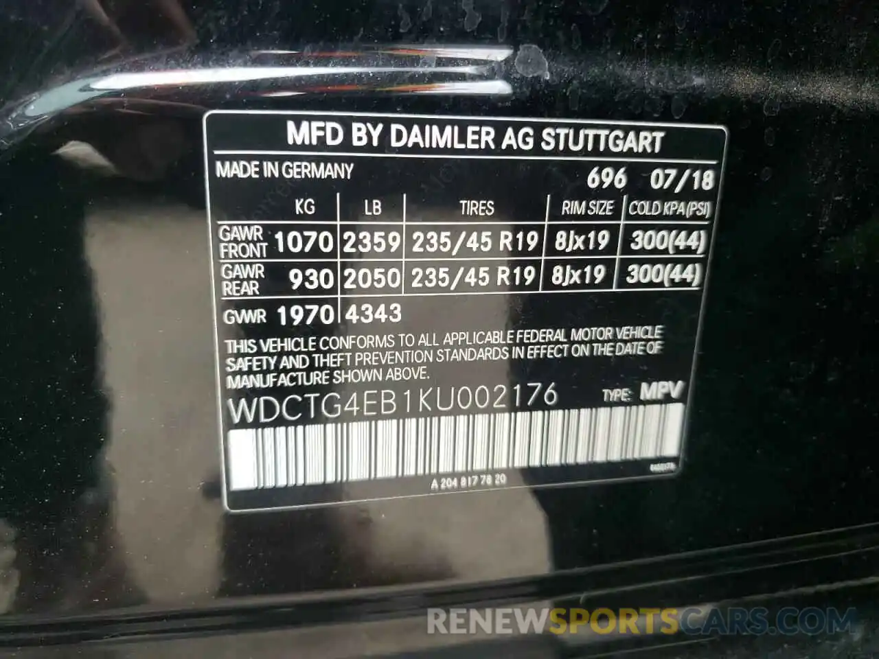 10 Фотография поврежденного автомобиля WDCTG4EB1KU002176 MERCEDES-BENZ GLA-CLASS 2019