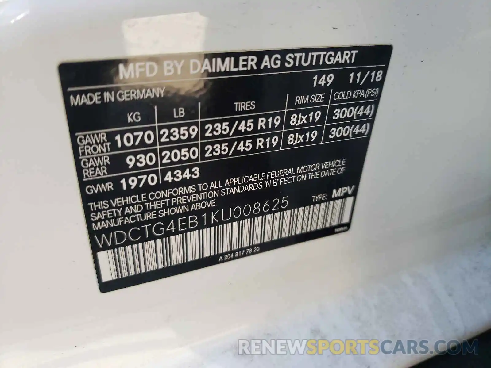 10 Photograph of a damaged car WDCTG4EB1KU008625 MERCEDES-BENZ GLA-CLASS 2019