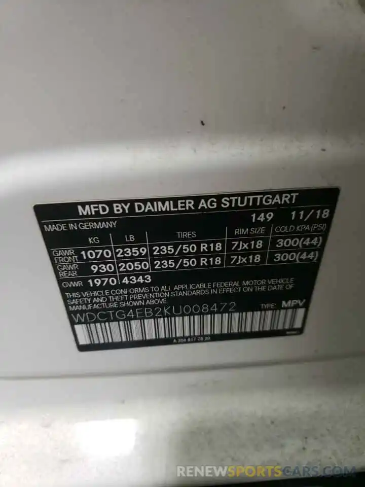 10 Photograph of a damaged car WDCTG4EB2KU008472 MERCEDES-BENZ GLA-CLASS 2019