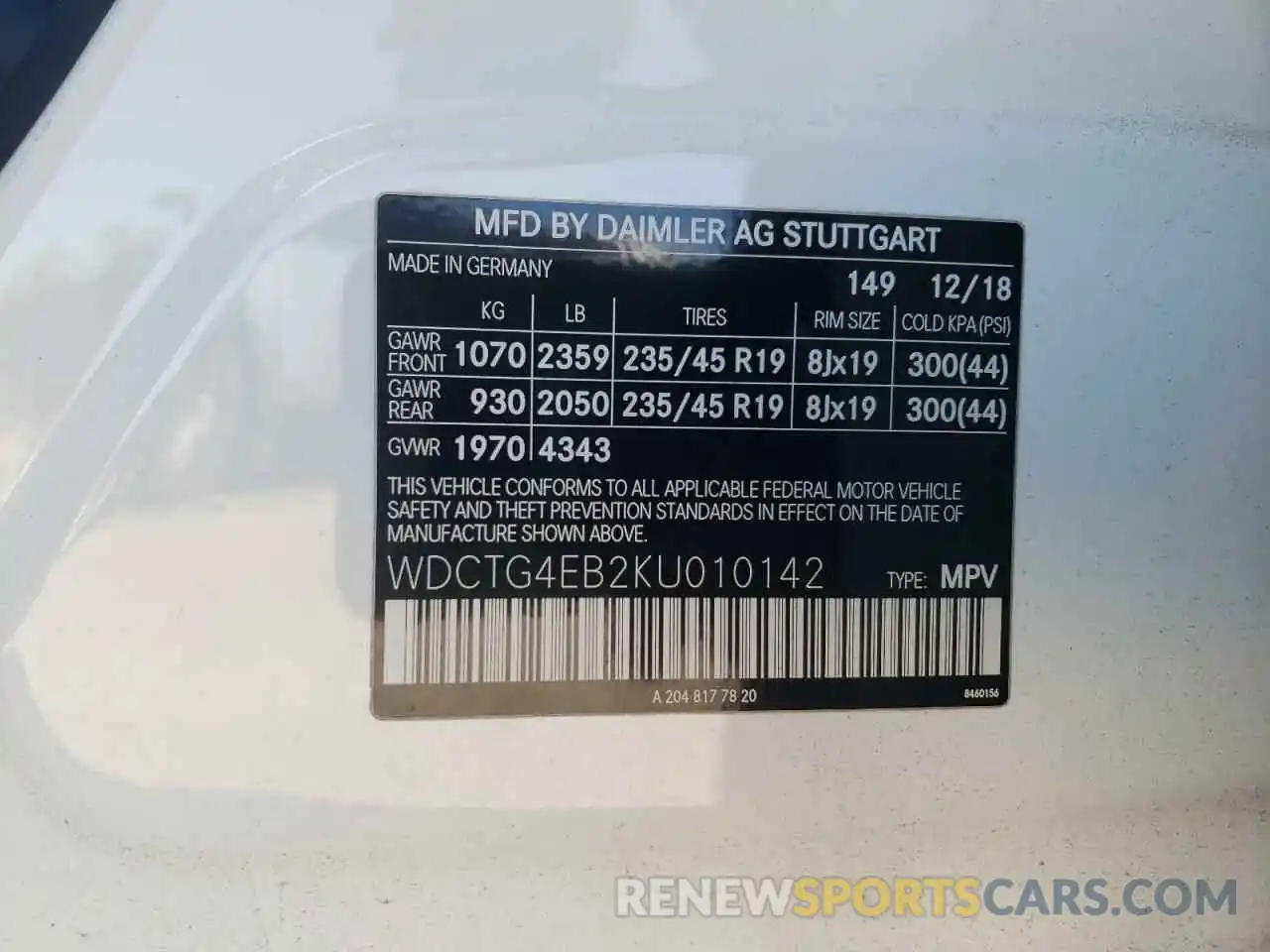 10 Photograph of a damaged car WDCTG4EB2KU010142 MERCEDES-BENZ GLA-CLASS 2019