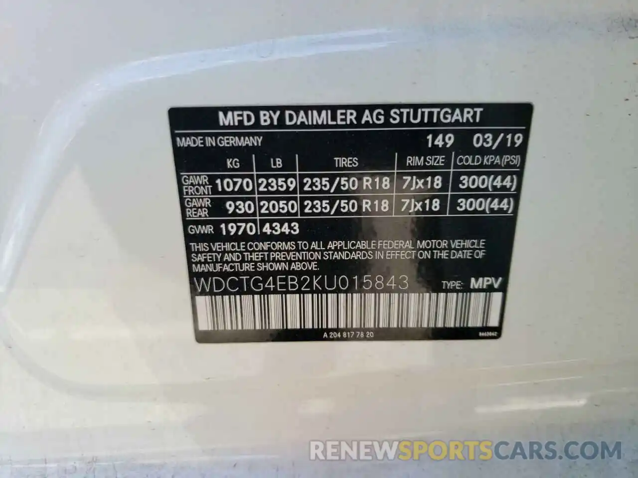 10 Photograph of a damaged car WDCTG4EB2KU015843 MERCEDES-BENZ GLA-CLASS 2019