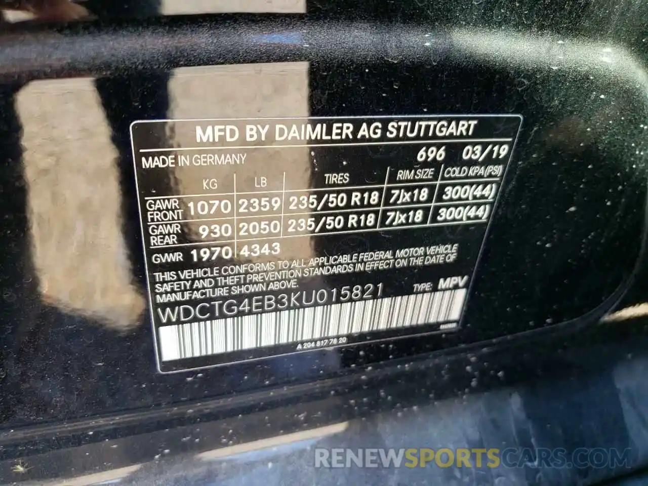 10 Photograph of a damaged car WDCTG4EB3KU015821 MERCEDES-BENZ GLA-CLASS 2019