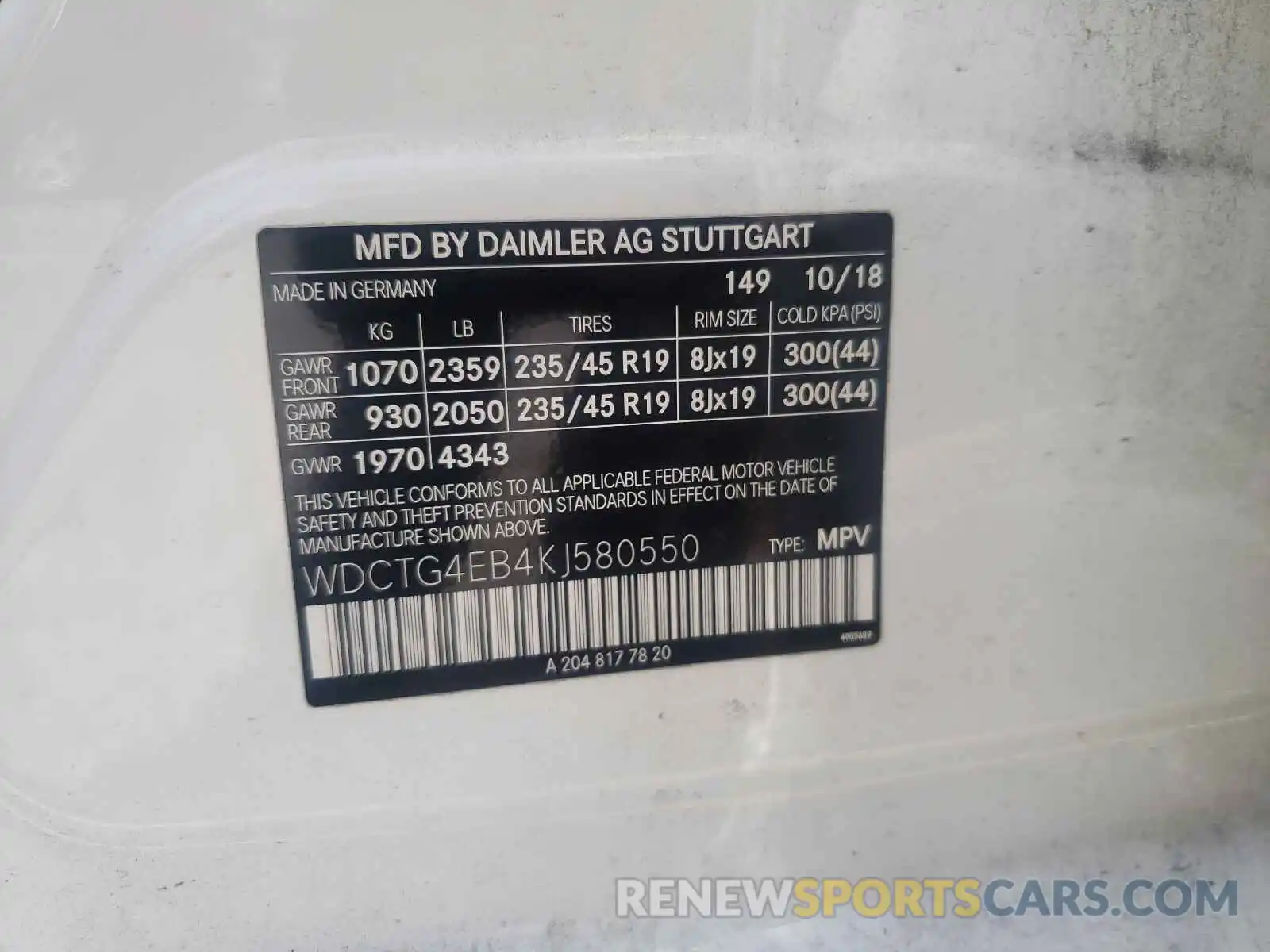 10 Photograph of a damaged car WDCTG4EB4KJ580550 MERCEDES-BENZ GLA-CLASS 2019