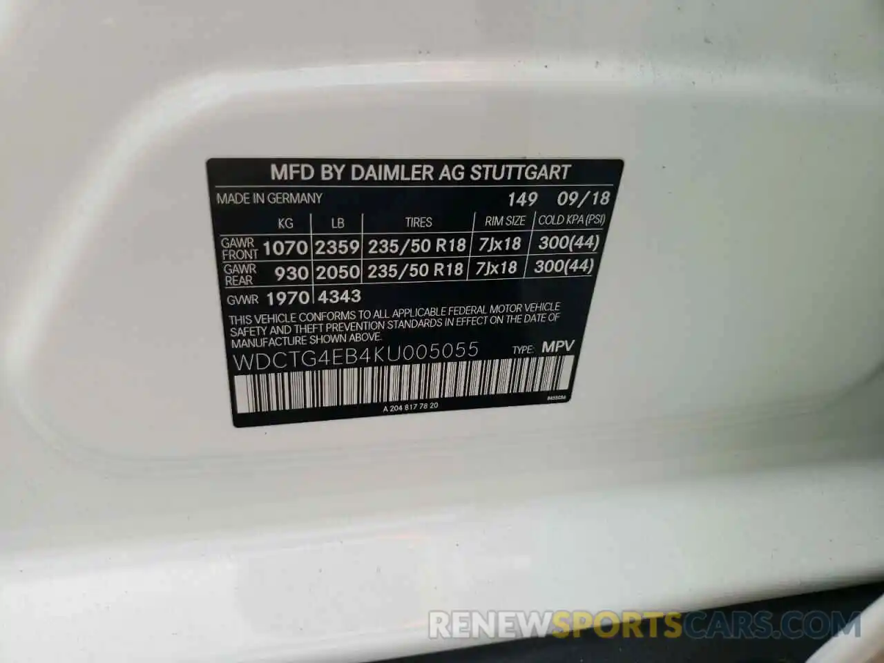 10 Photograph of a damaged car WDCTG4EB4KU005055 MERCEDES-BENZ GLA-CLASS 2019