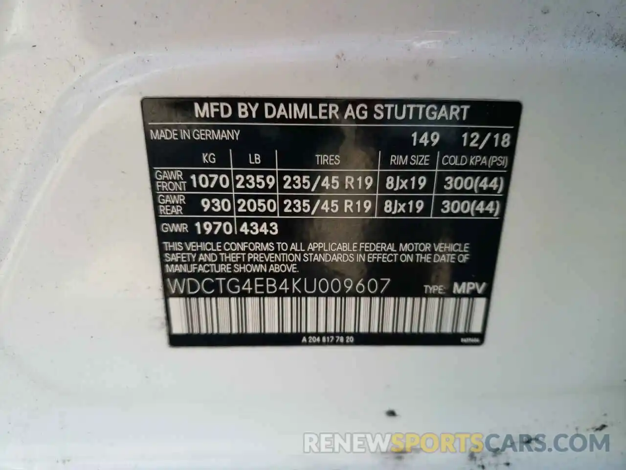 10 Photograph of a damaged car WDCTG4EB4KU009607 MERCEDES-BENZ GLA-CLASS 2019