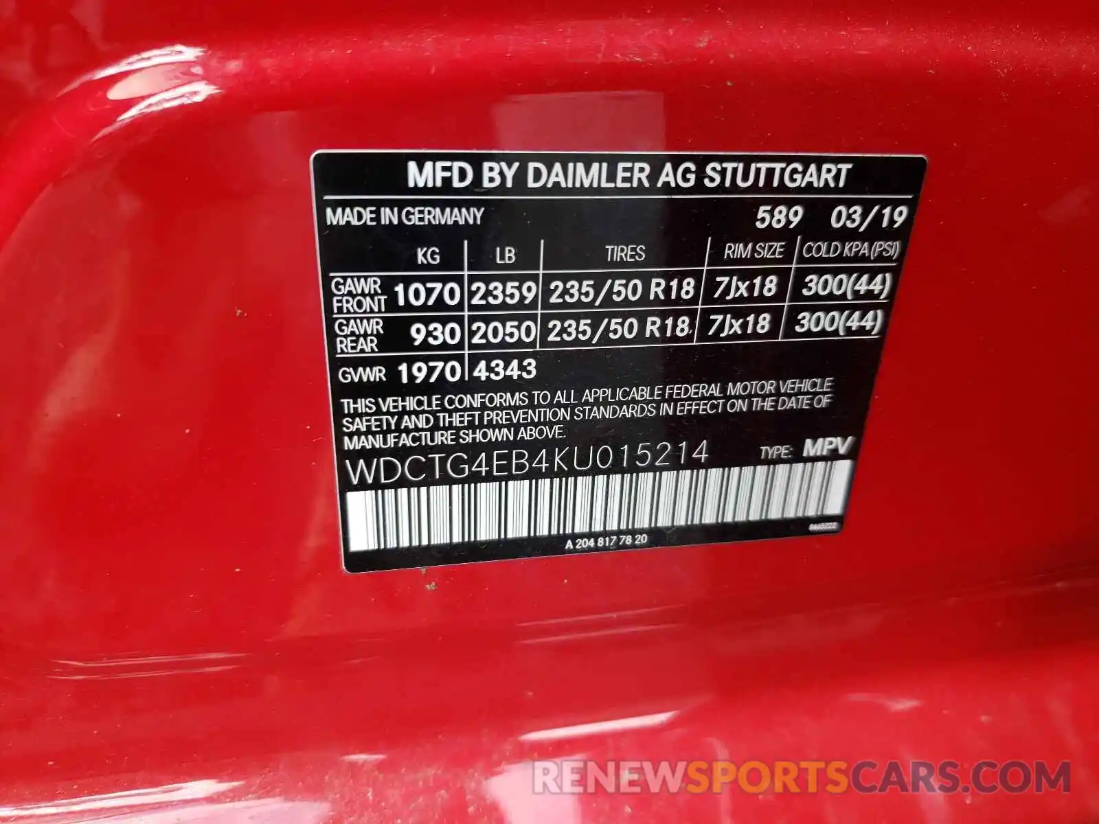 10 Photograph of a damaged car WDCTG4EB4KU015214 MERCEDES-BENZ GLA-CLASS 2019