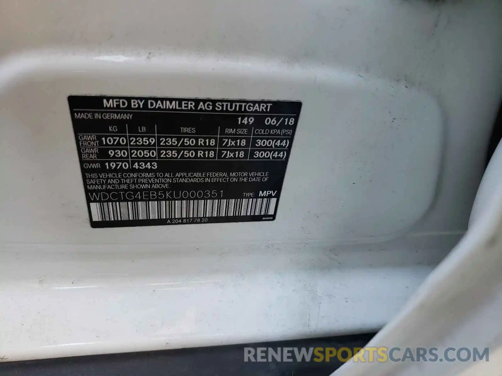 10 Photograph of a damaged car WDCTG4EB5KU000351 MERCEDES-BENZ GLA-CLASS 2019