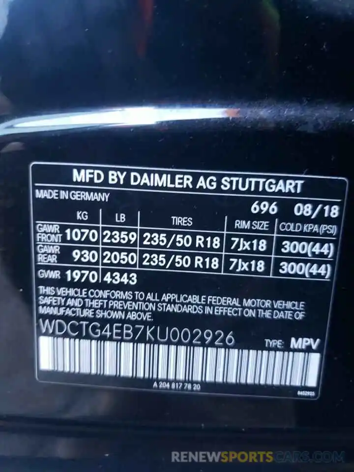 10 Photograph of a damaged car WDCTG4EB7KU002926 MERCEDES-BENZ GLA-CLASS 2019