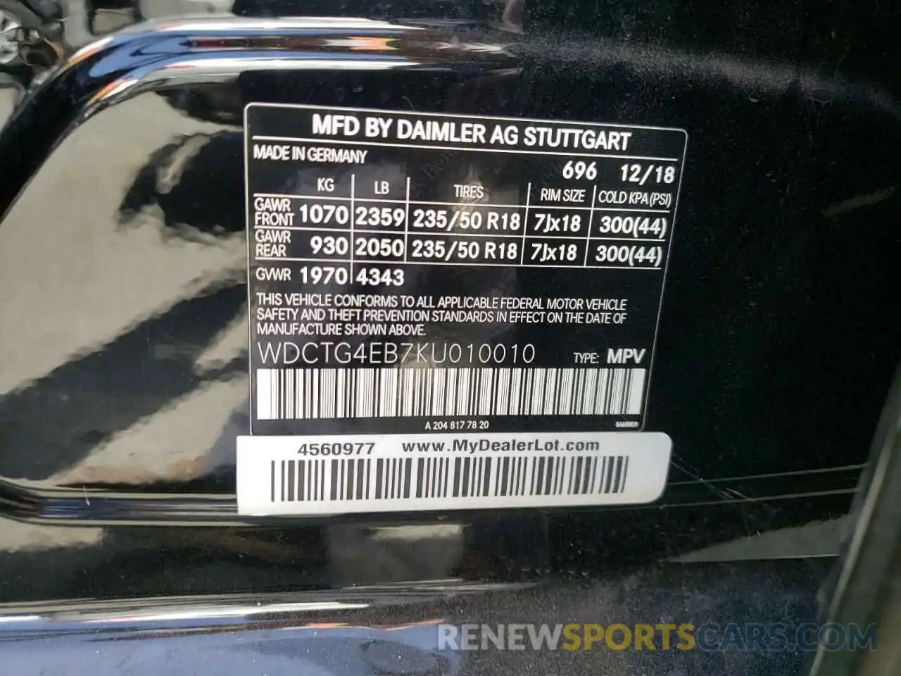 10 Photograph of a damaged car WDCTG4EB7KU010010 MERCEDES-BENZ GLA-CLASS 2019