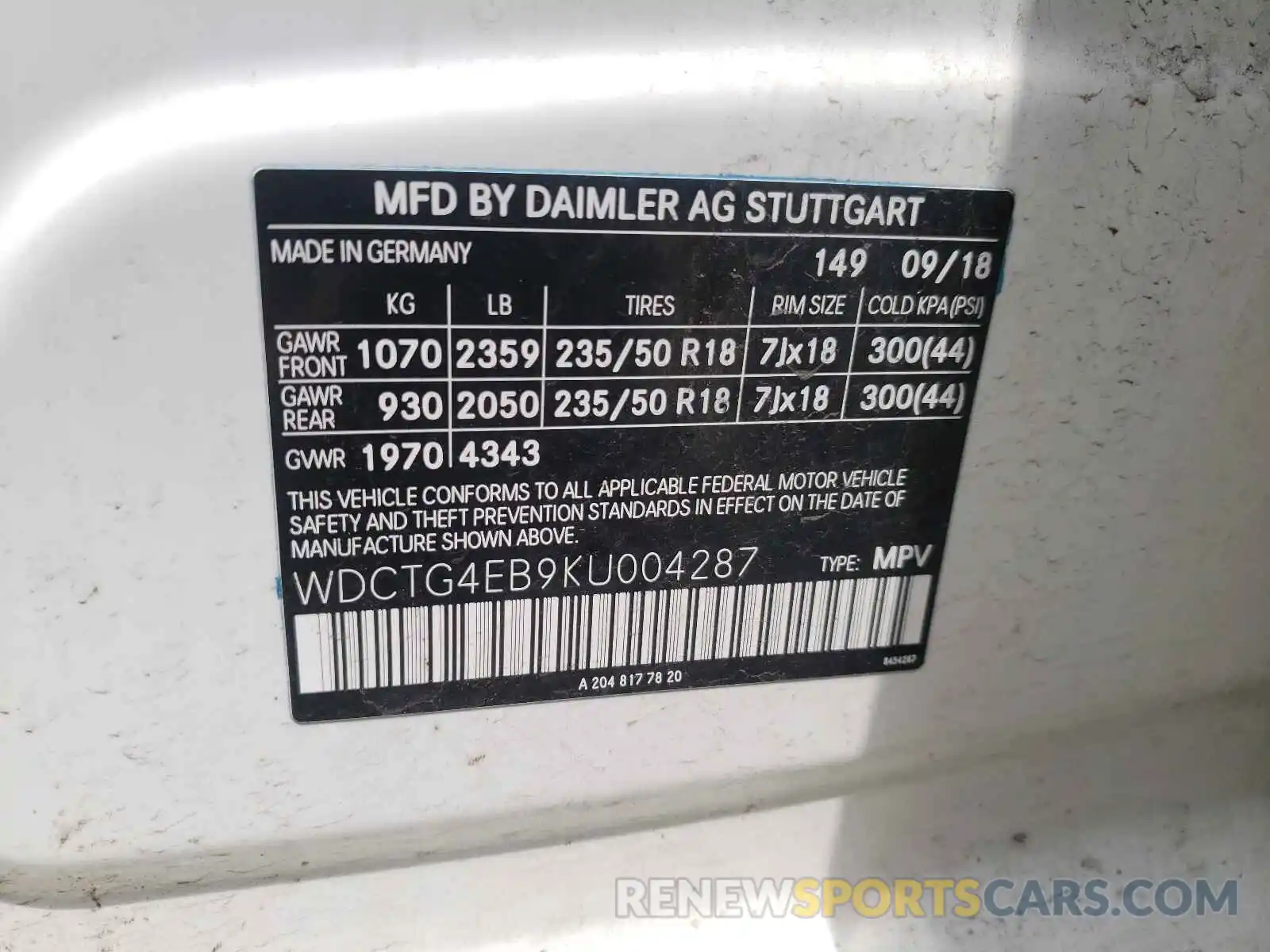 10 Photograph of a damaged car WDCTG4EB9KU004287 MERCEDES-BENZ GLA-CLASS 2019