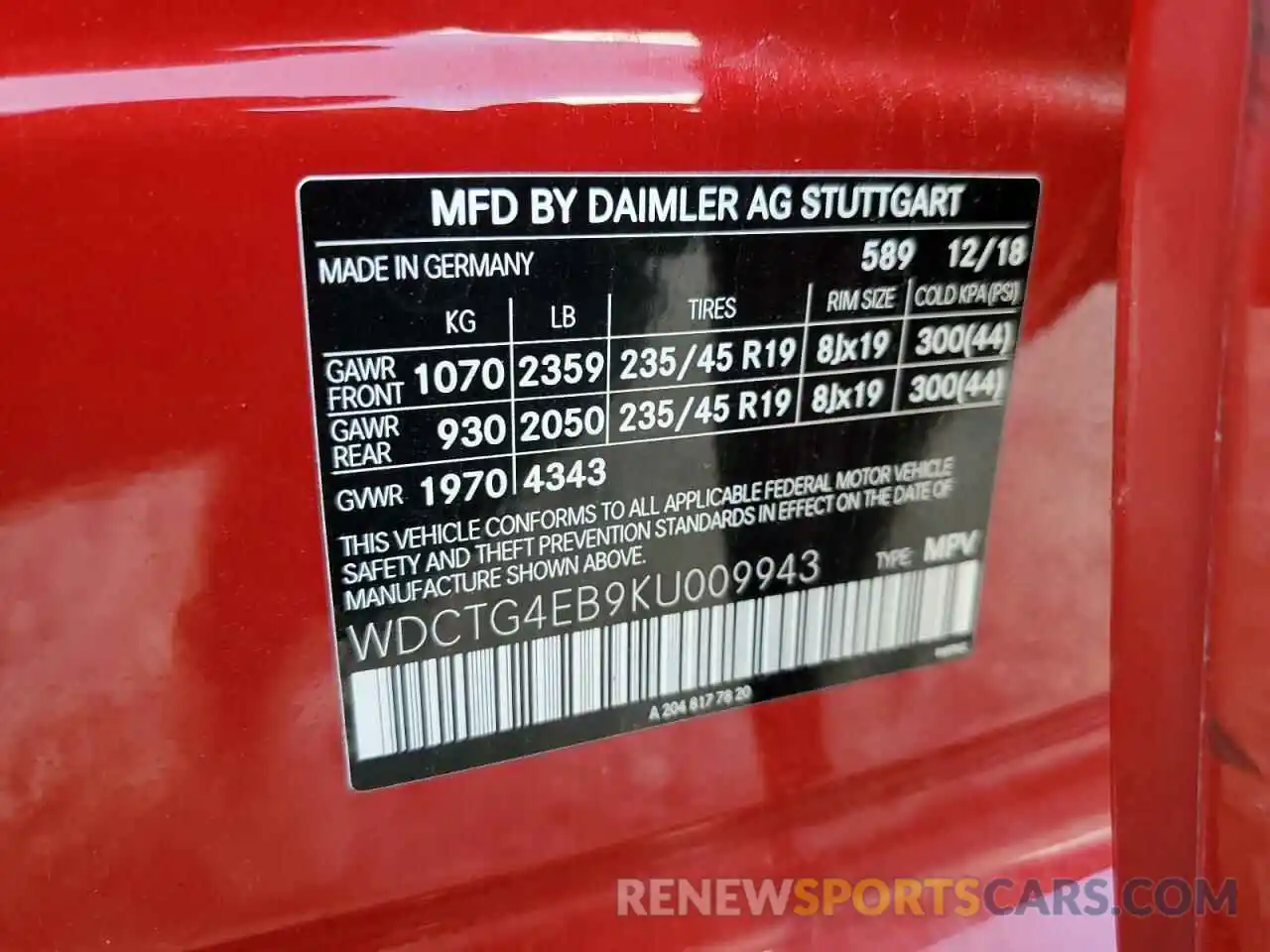 10 Photograph of a damaged car WDCTG4EB9KU009943 MERCEDES-BENZ GLA-CLASS 2019