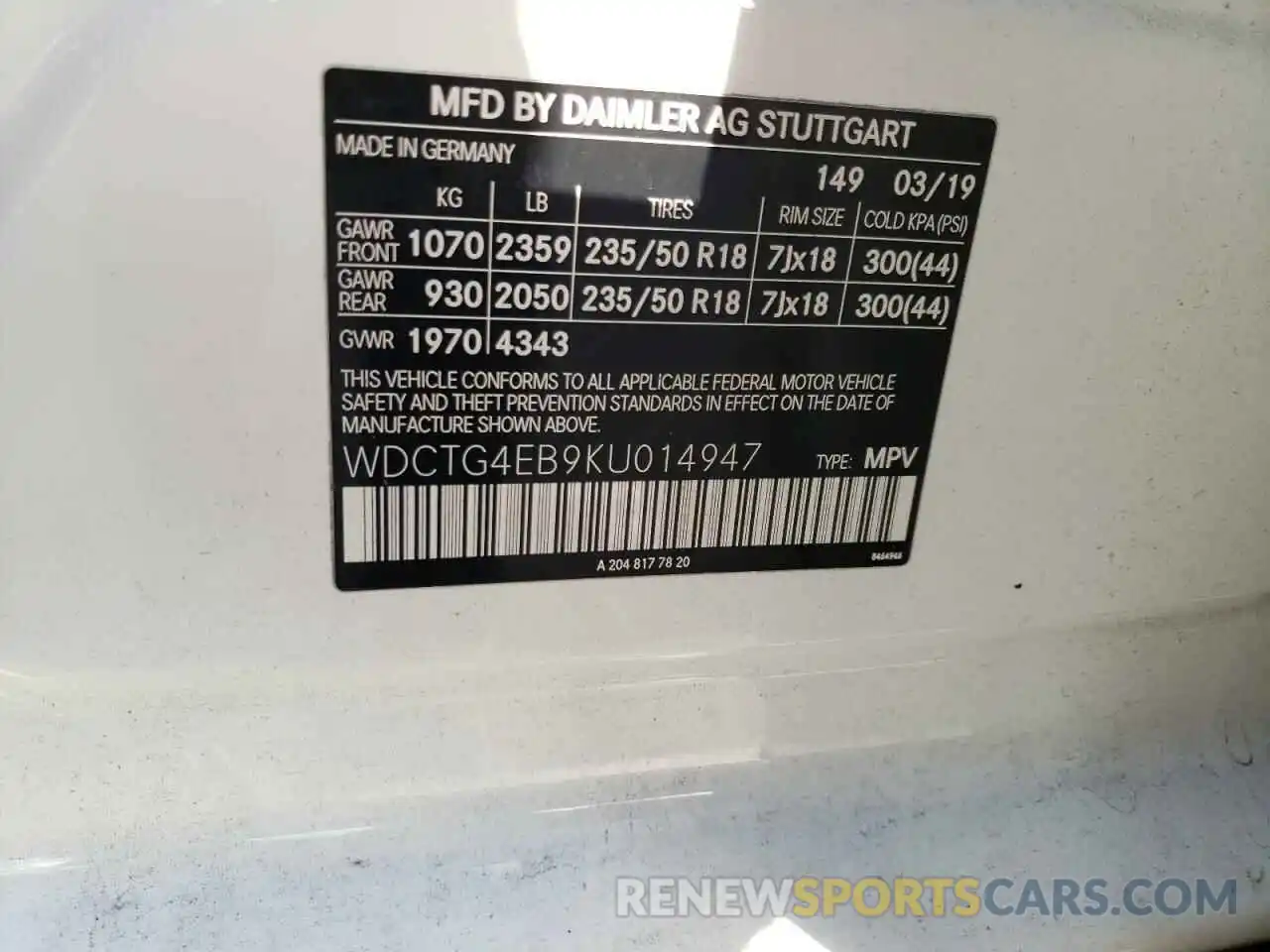 10 Photograph of a damaged car WDCTG4EB9KU014947 MERCEDES-BENZ GLA-CLASS 2019