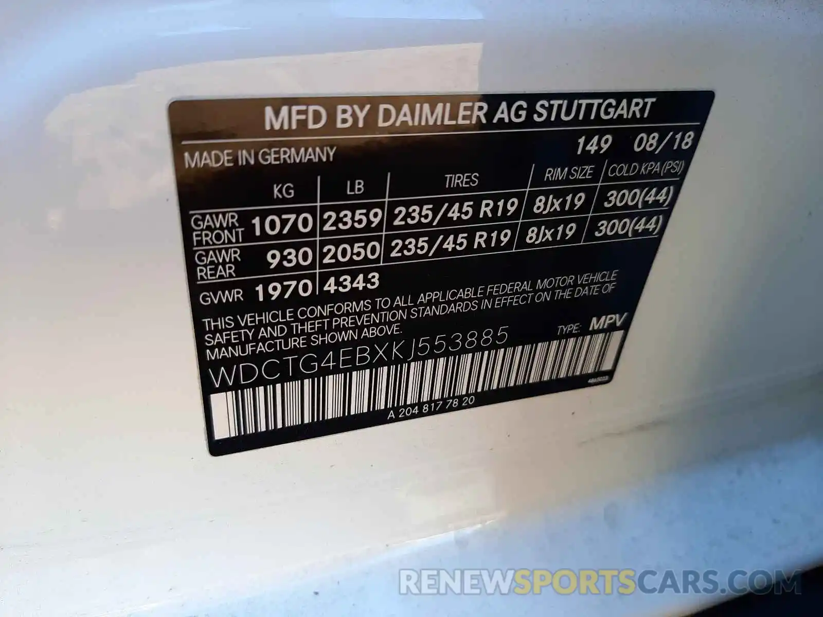 10 Photograph of a damaged car WDCTG4EBXKJ553885 MERCEDES-BENZ GLA-CLASS 2019