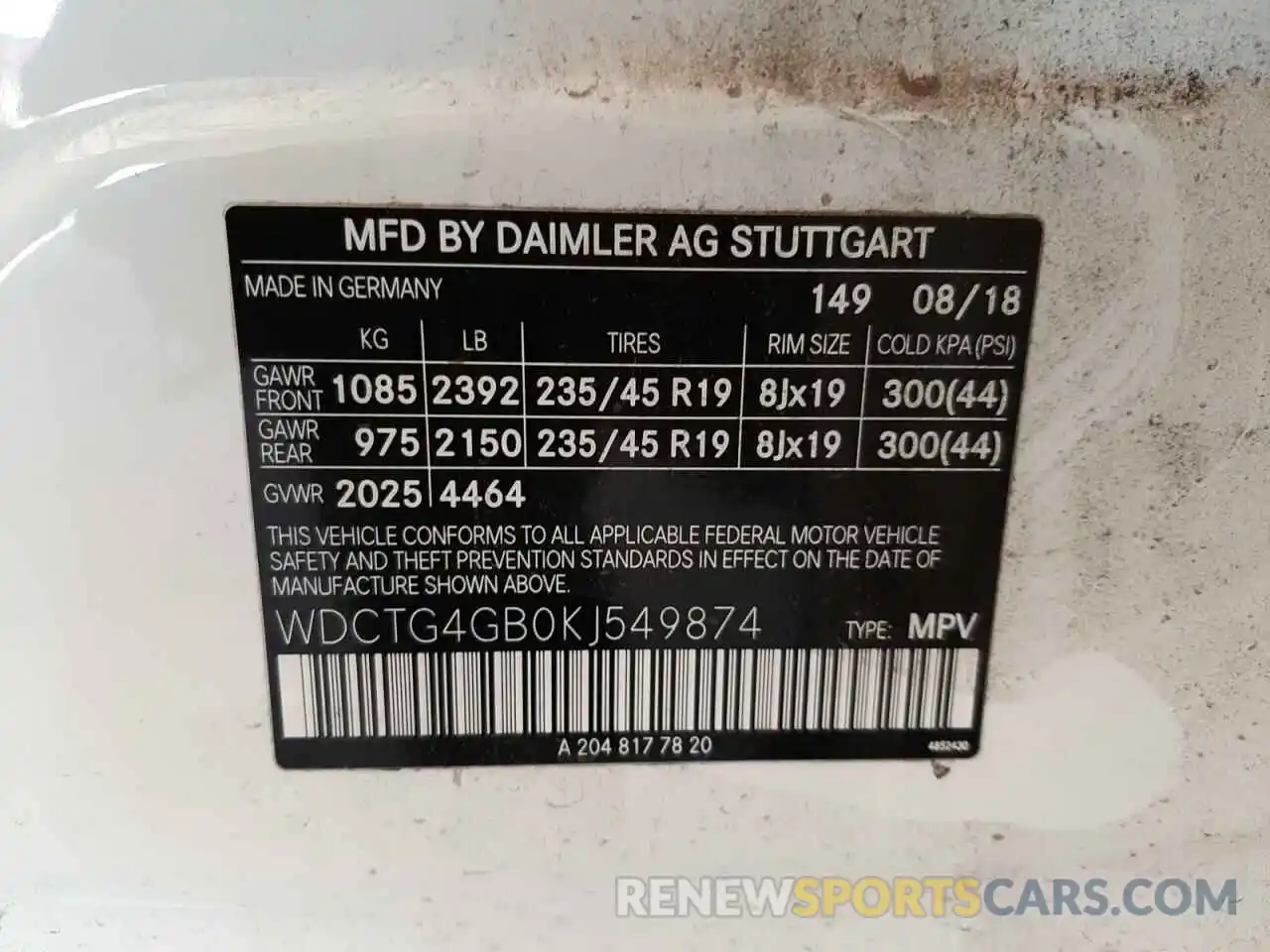 10 Photograph of a damaged car WDCTG4GB0KJ549874 MERCEDES-BENZ GLA-CLASS 2019