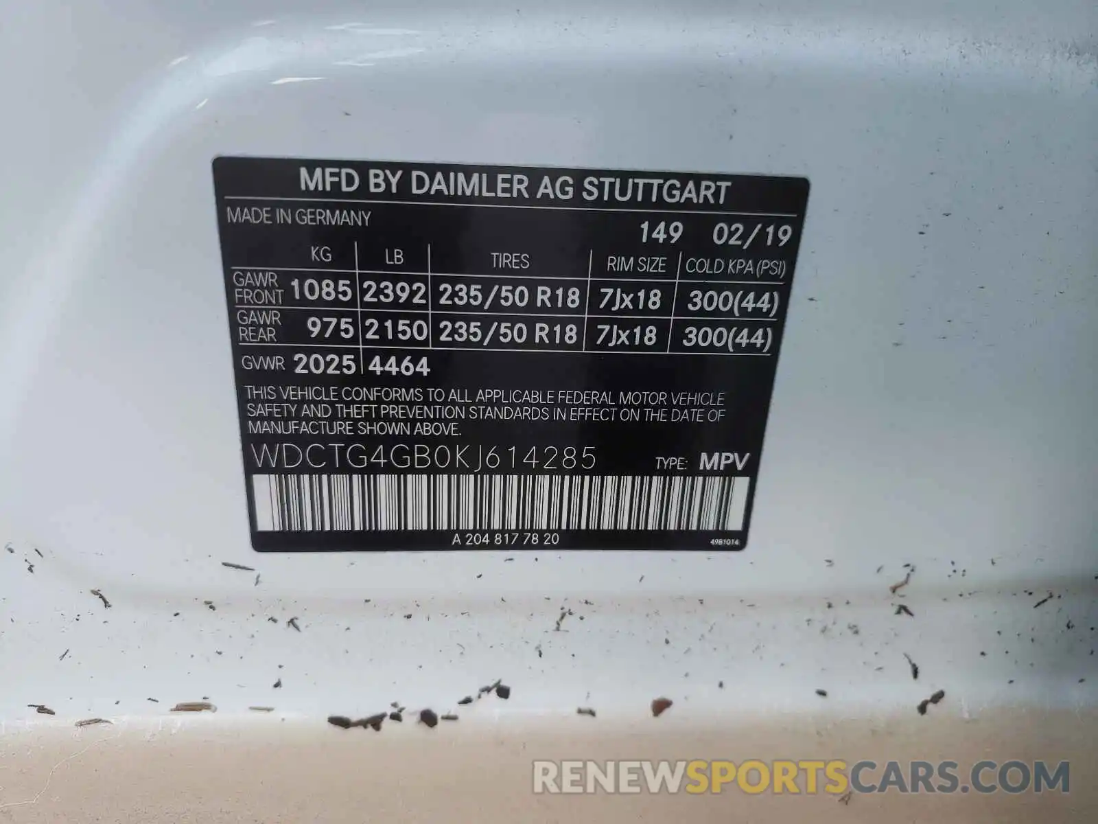 10 Photograph of a damaged car WDCTG4GB0KJ614285 MERCEDES-BENZ GLA-CLASS 2019