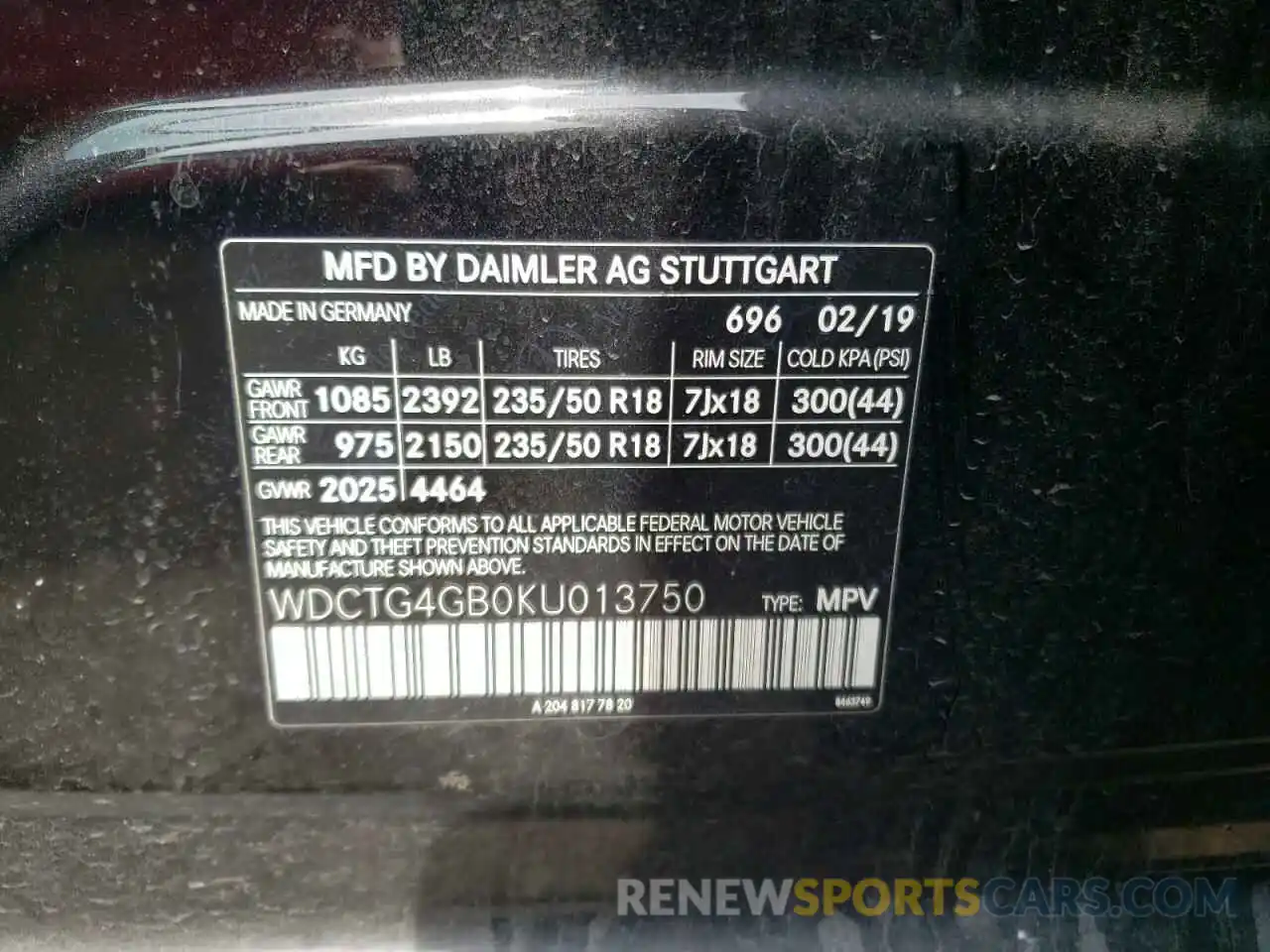 10 Photograph of a damaged car WDCTG4GB0KU013750 MERCEDES-BENZ GLA-CLASS 2019