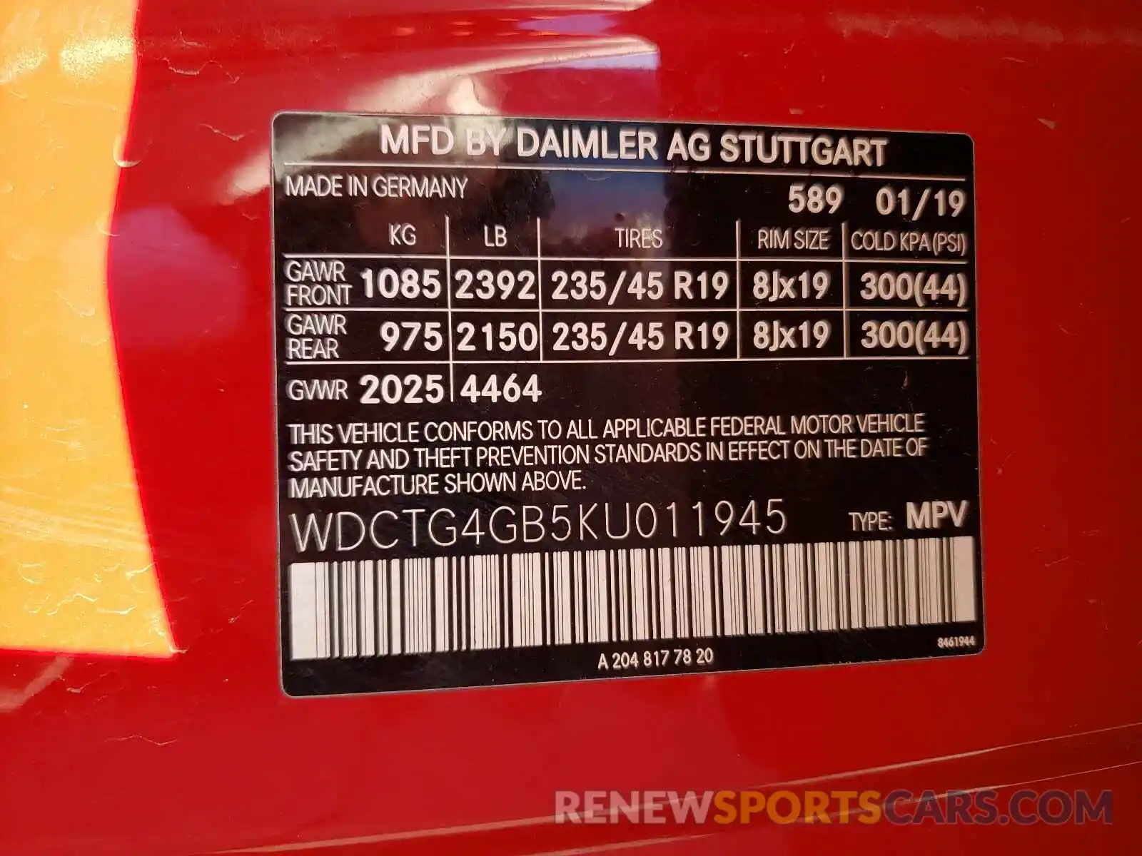 10 Фотография поврежденного автомобиля WDCTG4GB5KU011945 MERCEDES-BENZ GLA-CLASS 2019