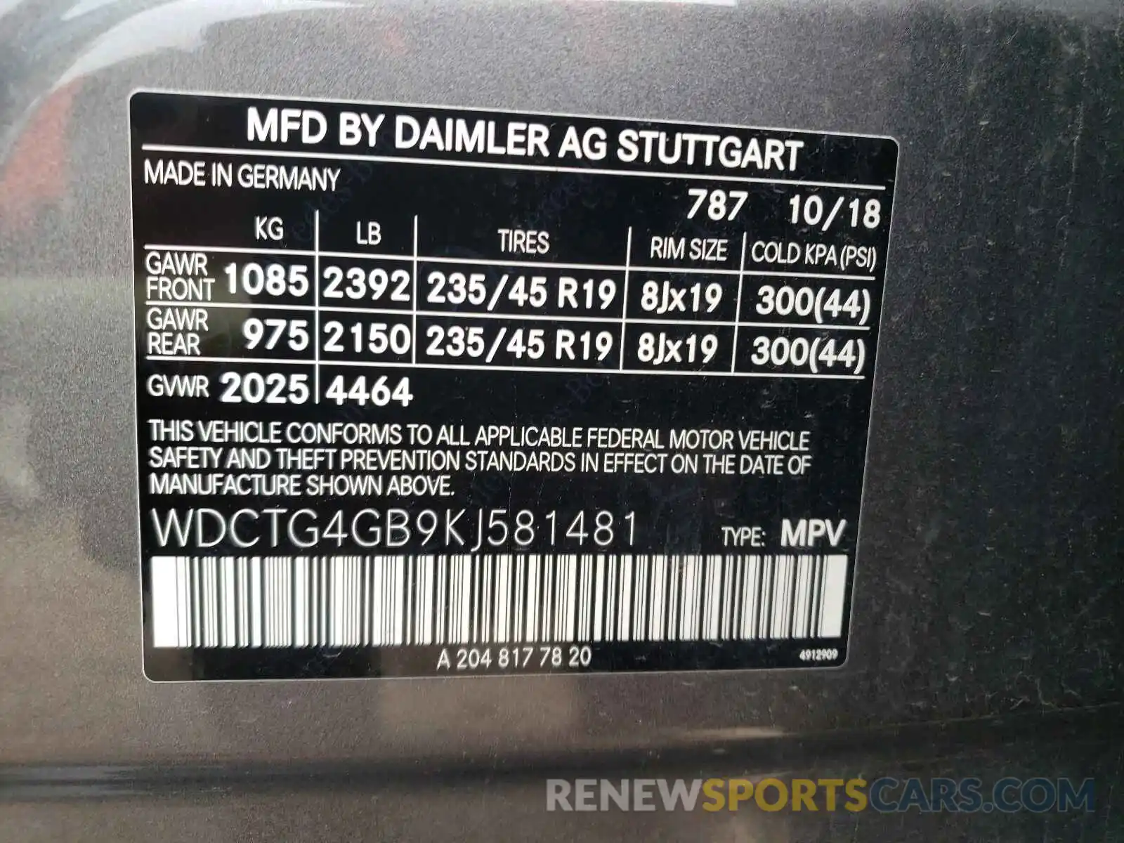 10 Фотография поврежденного автомобиля WDCTG4GB9KJ581481 MERCEDES-BENZ GLA-CLASS 2019