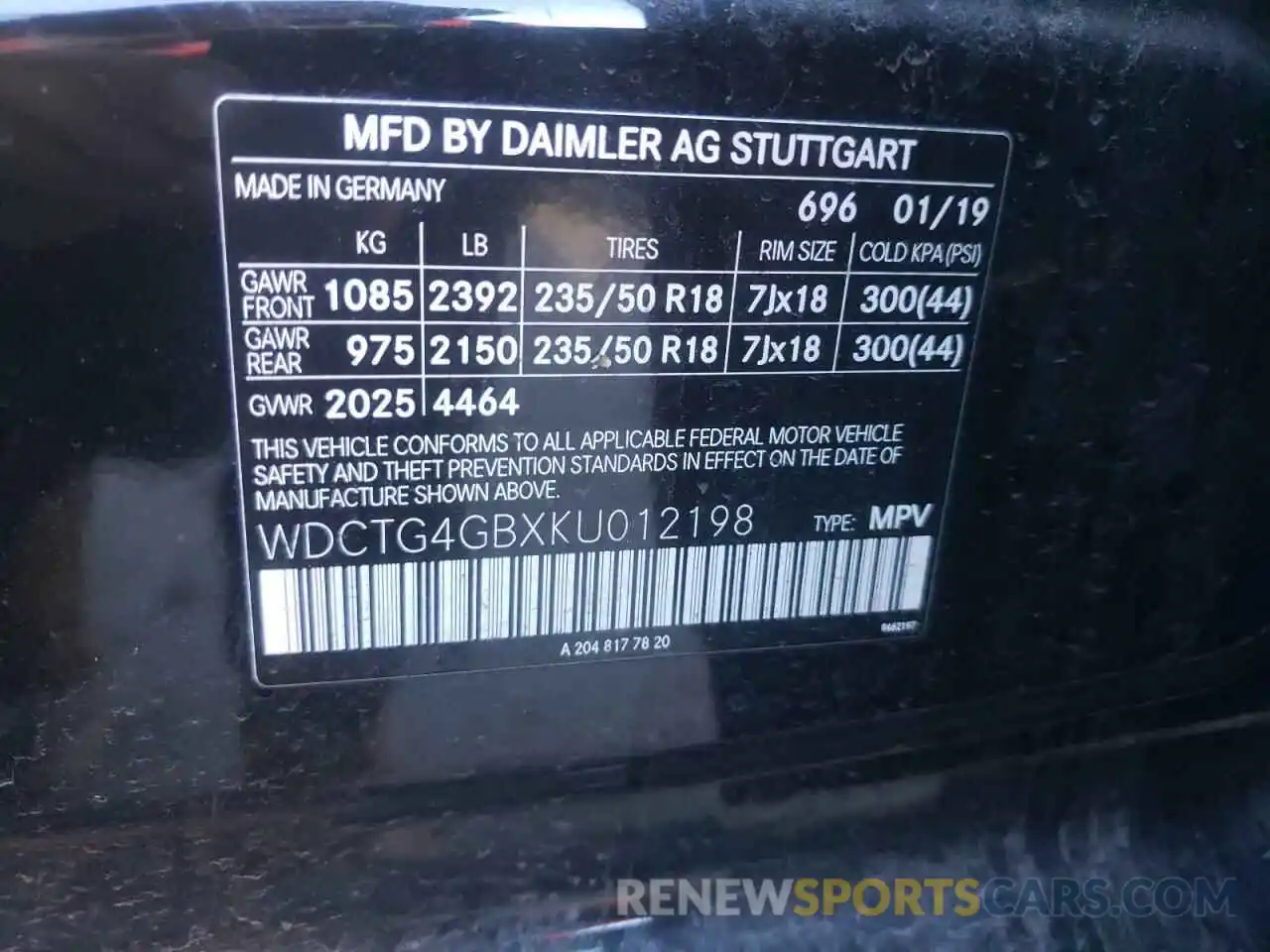 10 Photograph of a damaged car WDCTG4GBXKU012198 MERCEDES-BENZ GLA-CLASS 2019