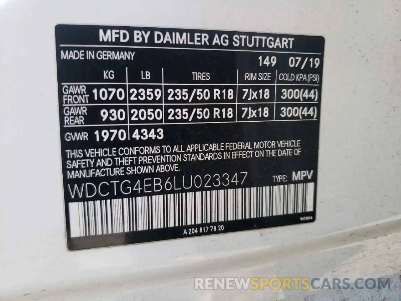 10 Фотография поврежденного автомобиля WDCTG4EB6LU023347 MERCEDES-BENZ GLA-CLASS 2020