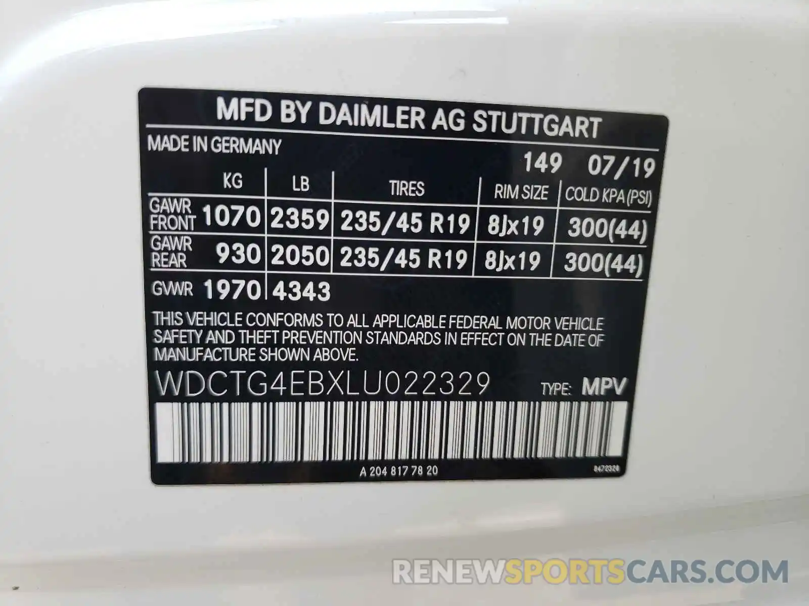 10 Фотография поврежденного автомобиля WDCTG4EBXLU022329 MERCEDES-BENZ GLA-CLASS 2020