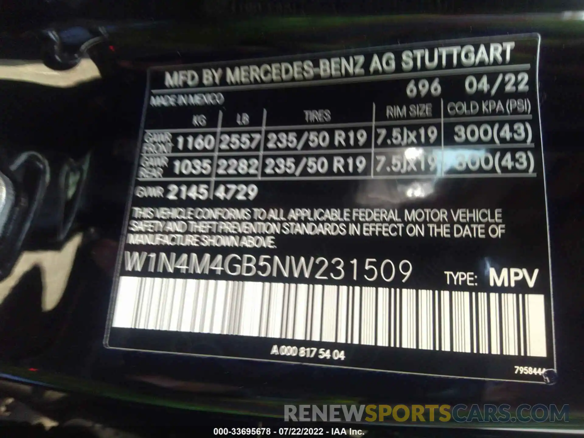 9 Фотография поврежденного автомобиля W1N4M4GB5NW231509 MERCEDES-BENZ GLB 2022