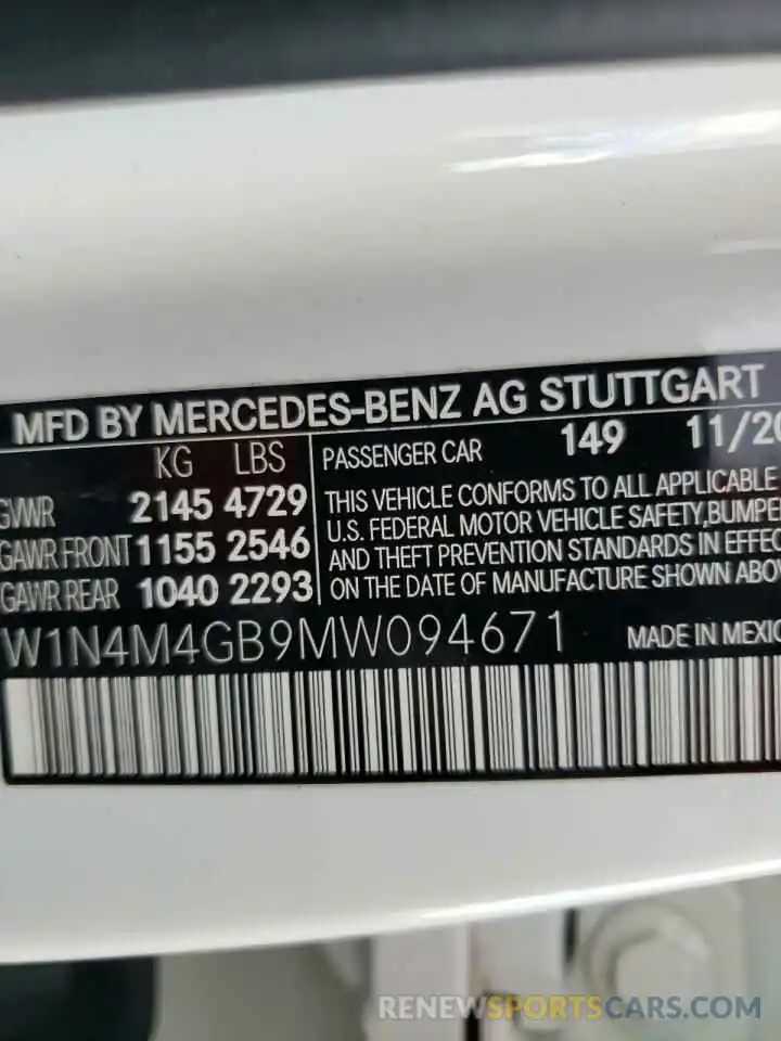 10 Photograph of a damaged car W1N4M4GB9MW094671 MERCEDES-BENZ GLB-CLASS 2021