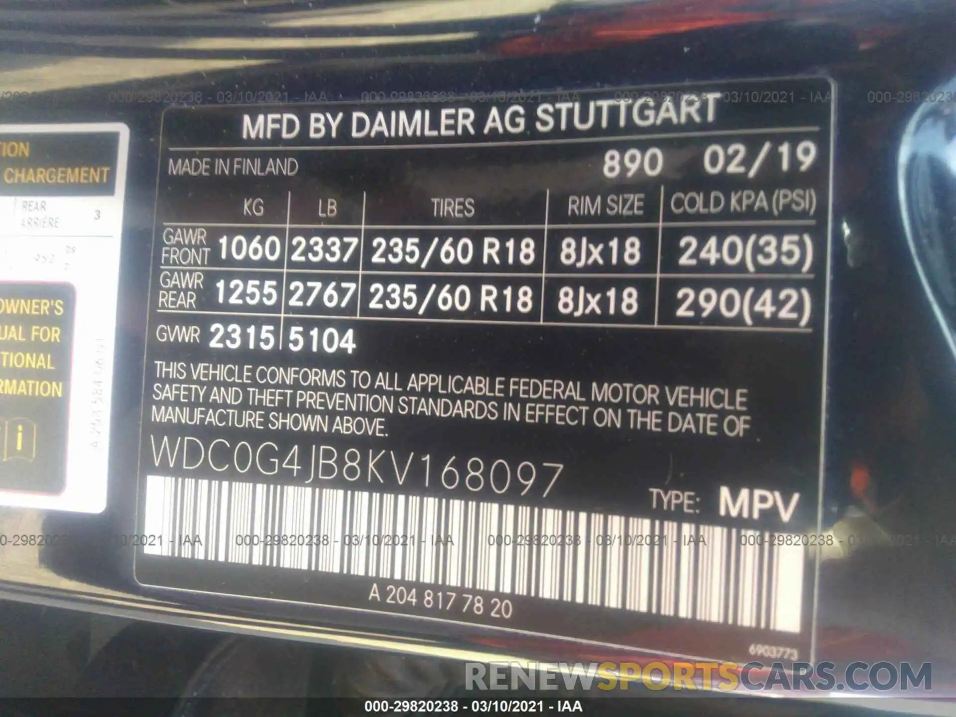 9 Фотография поврежденного автомобиля WDC0G4JB8KV168097 MERCEDES-BENZ GLC 2019