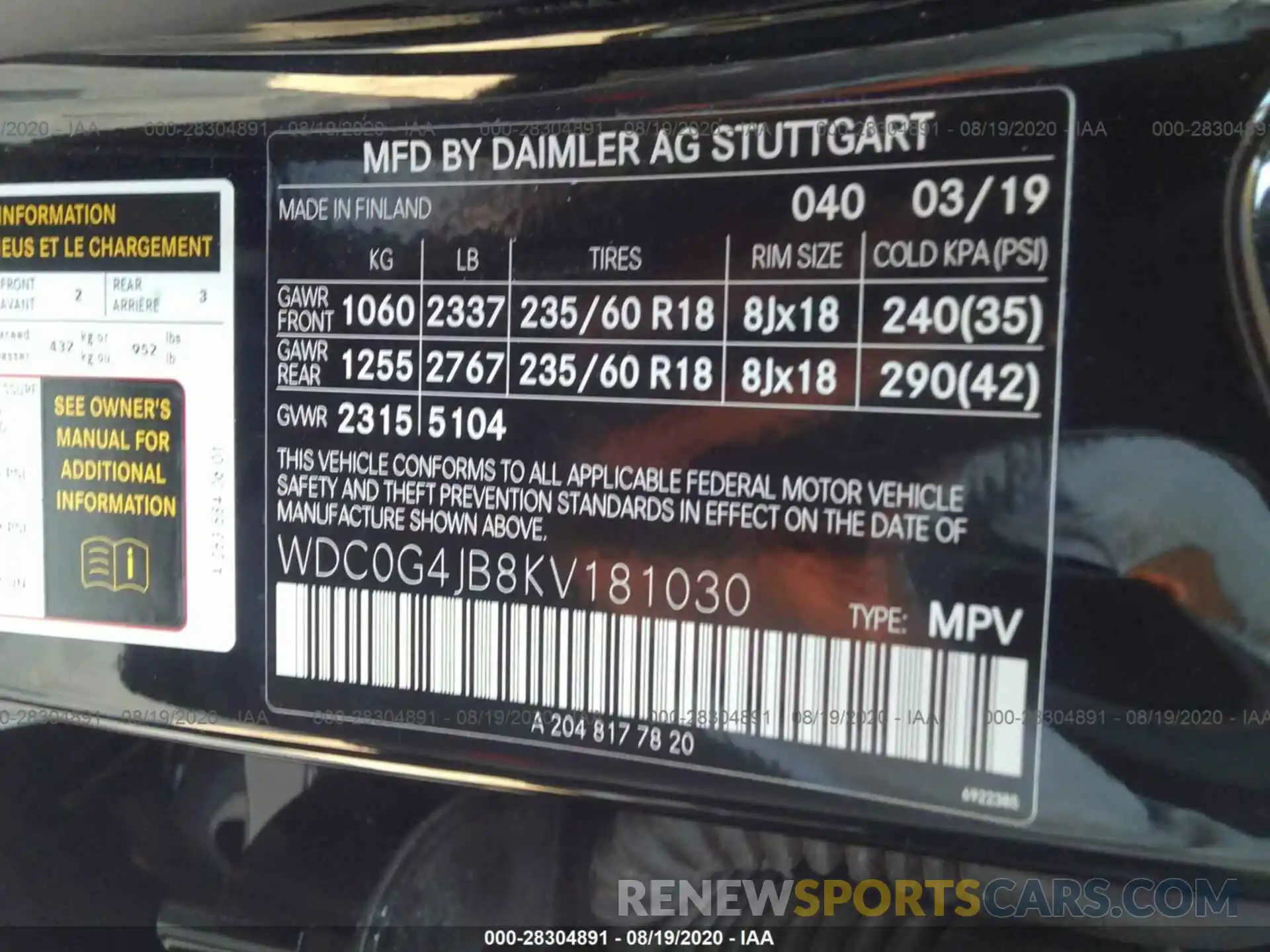 9 Фотография поврежденного автомобиля WDC0G4JB8KV181030 MERCEDES-BENZ GLC 2019