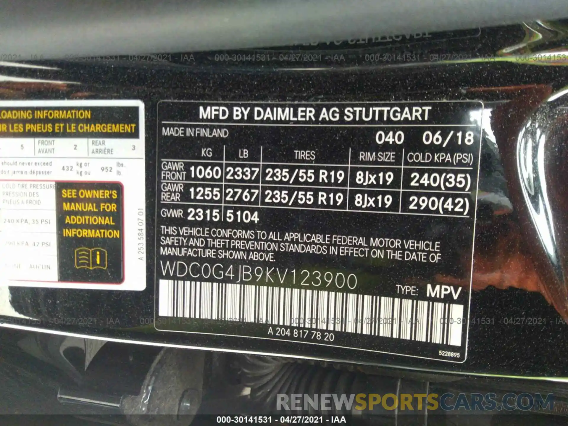 9 Фотография поврежденного автомобиля WDC0G4JB9KV123900 MERCEDES-BENZ GLC 2019